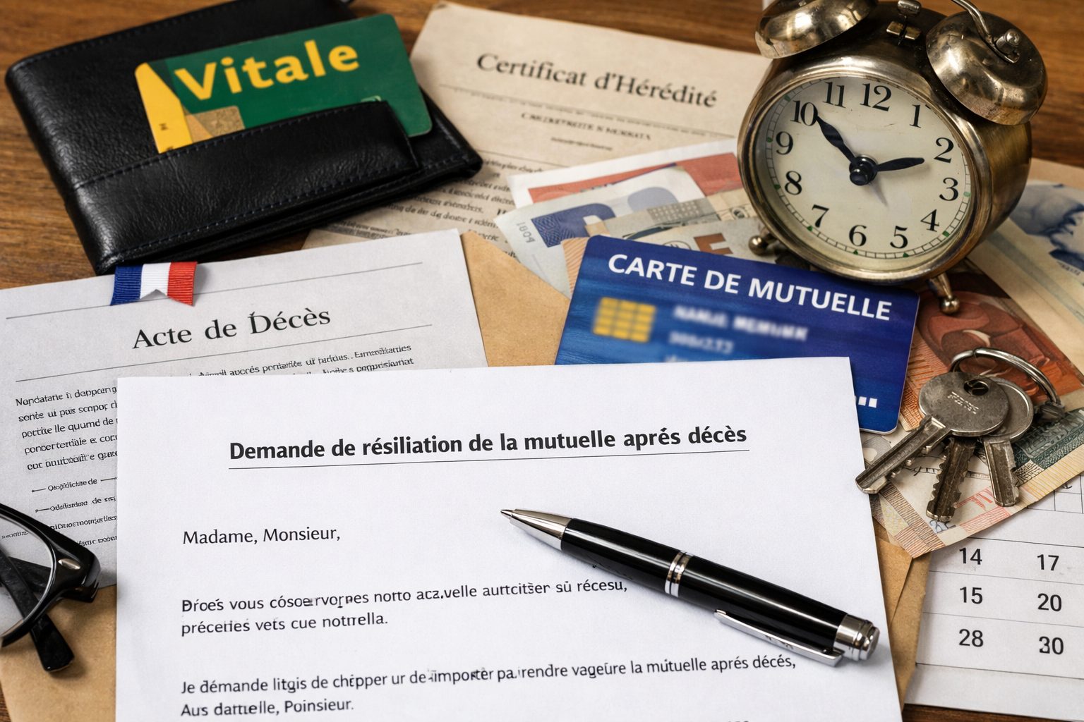 Documents pour résilier une mutuelle après décès avec lettre, acte de décès, carte de mutuelle et justificatifs administratifs