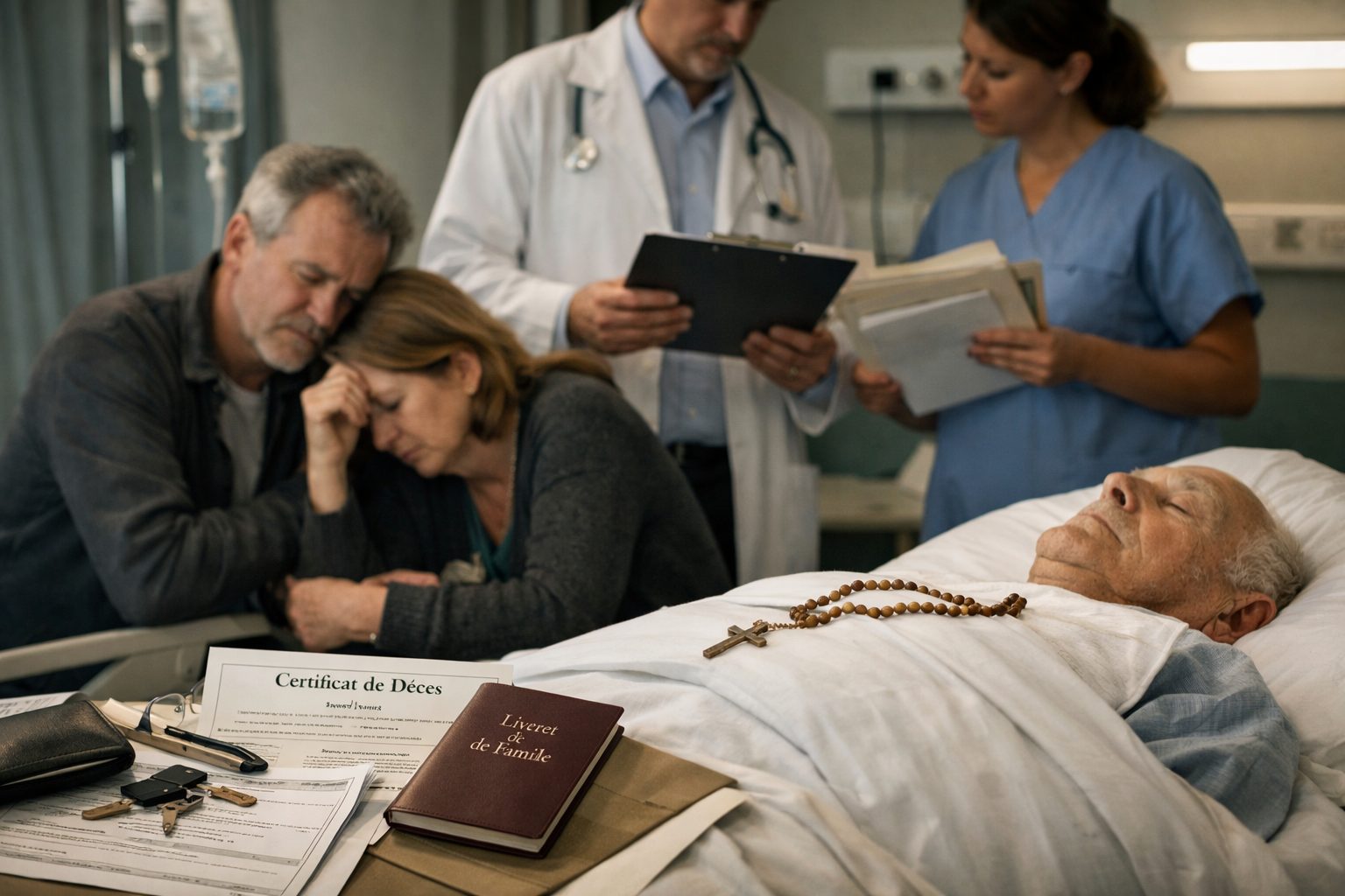Décès à l’hôpital avec famille en deuil et documents administratifs à récupérer