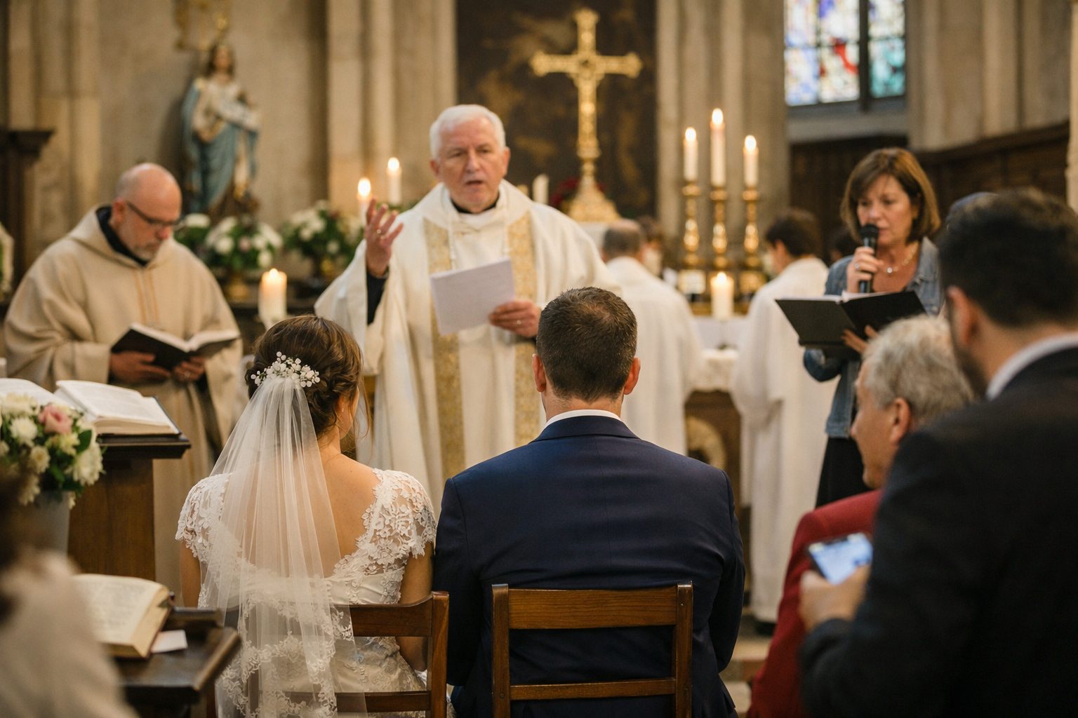 Cérémonie religieuse dans une église avec prêtre, mariés et invités lors de l’organisation d’un office avec la paroisse