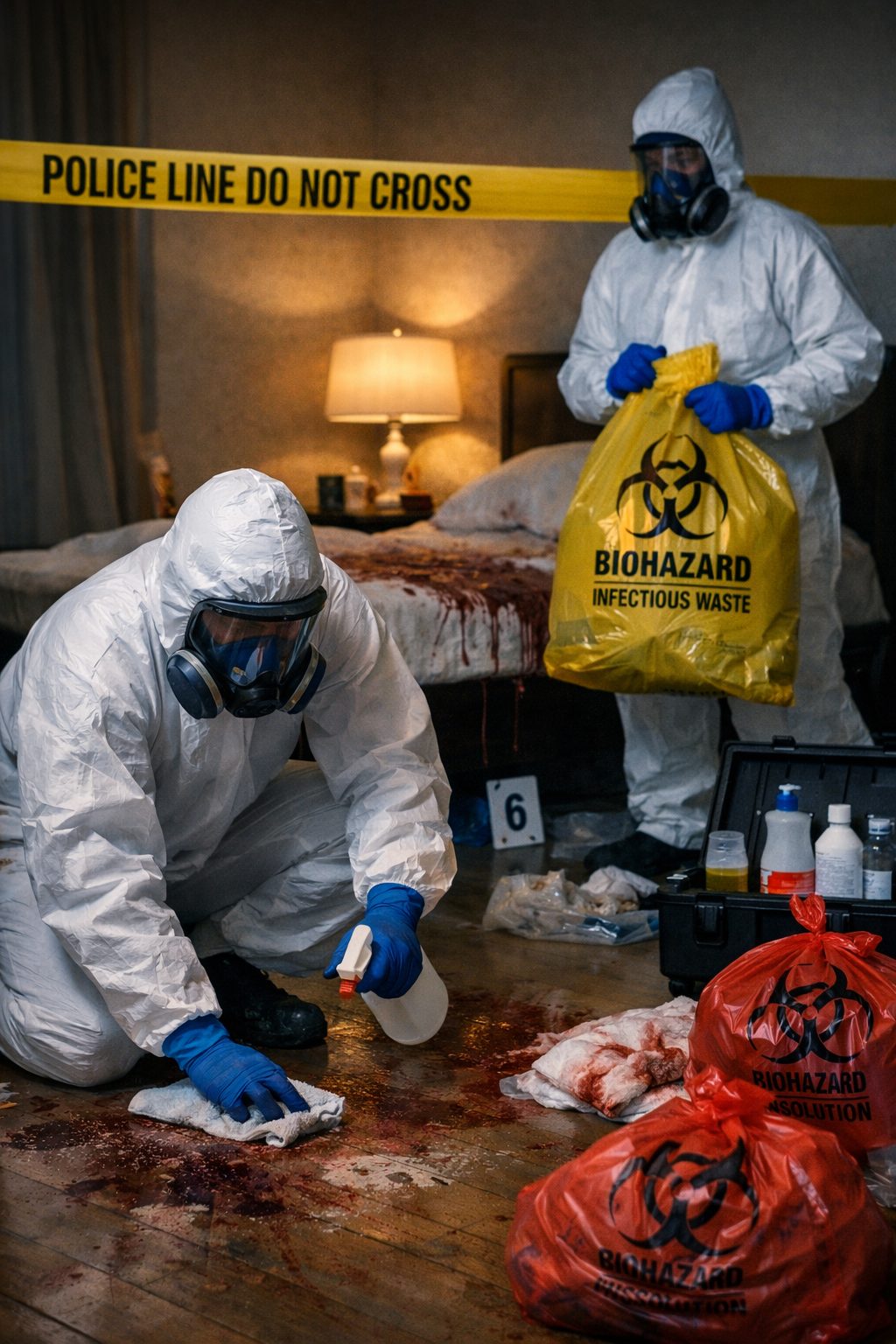 Équipe spécialisée en nettoyage de traces biologiques après décès intervenant dans une chambre avec équipement de protection intégrale