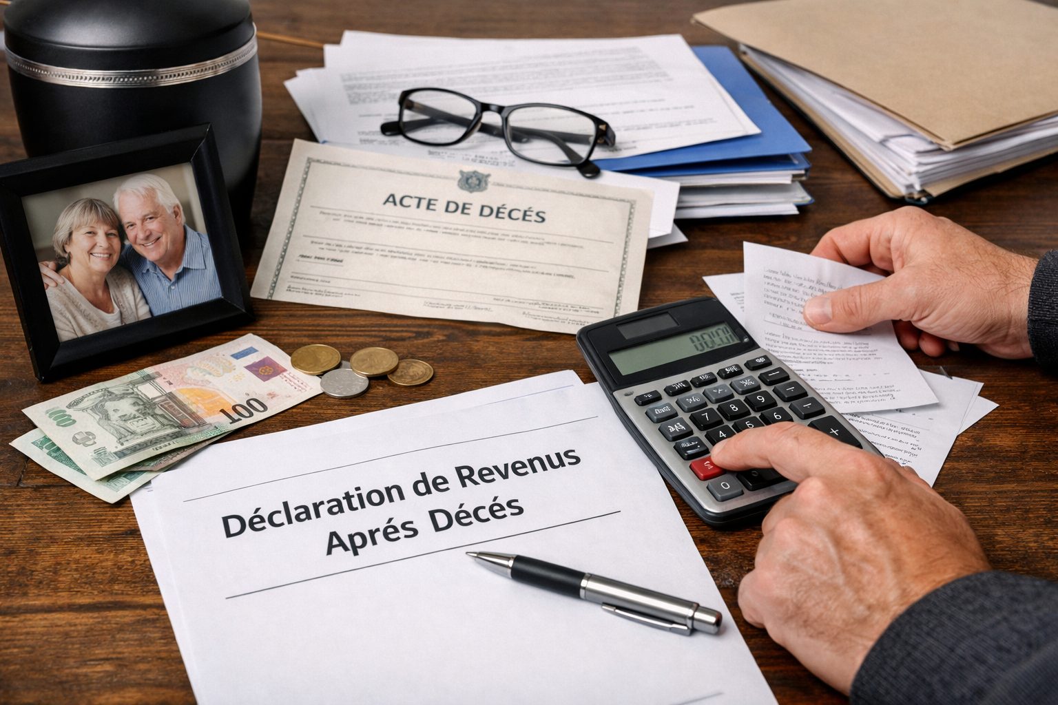 Documents pour la dernière déclaration de revenus après décès avec calculatrice, acte de décès et dossier administratif