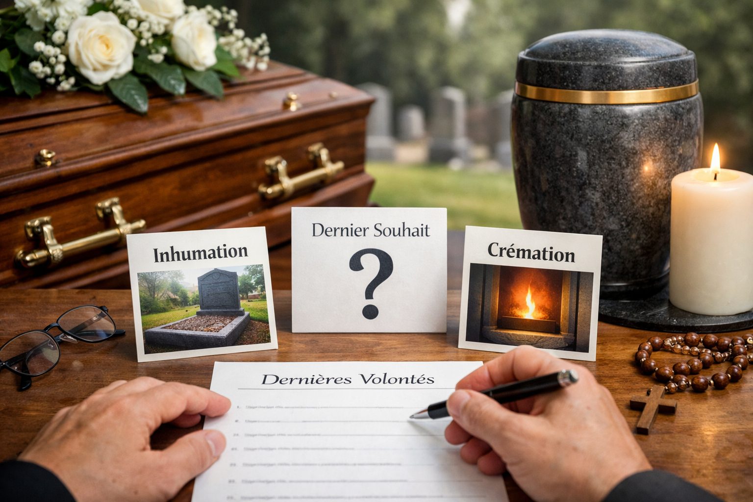 Choisir entre inhumation et crémation selon la volonté du défunt avec cercueil, urne funéraire et document de dernières volontés