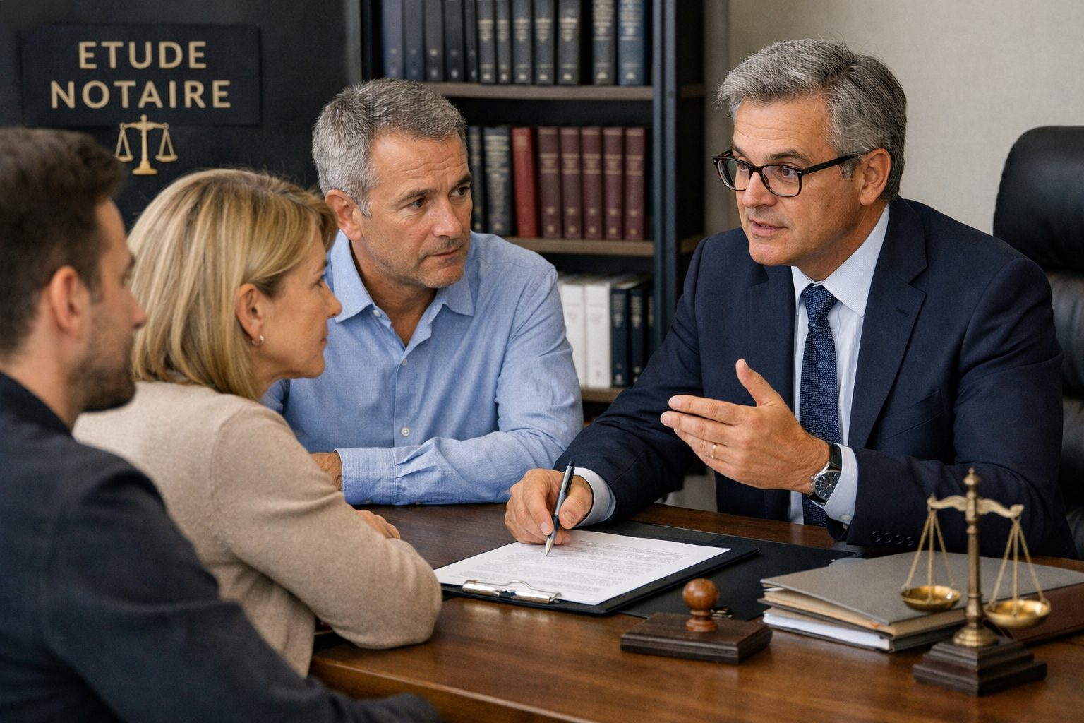 Notaire en rendez-vous avec des héritiers pour discuter d’un changement de notaire en cours de succession