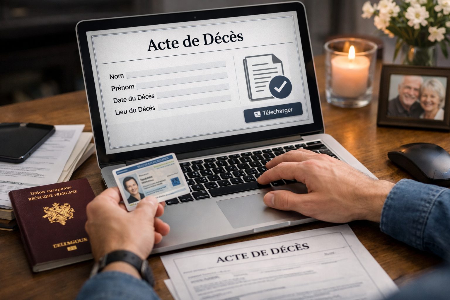 Personne effectuant une demande d’acte de décès en ligne sur un ordinateur avec documents administratifs à proximité