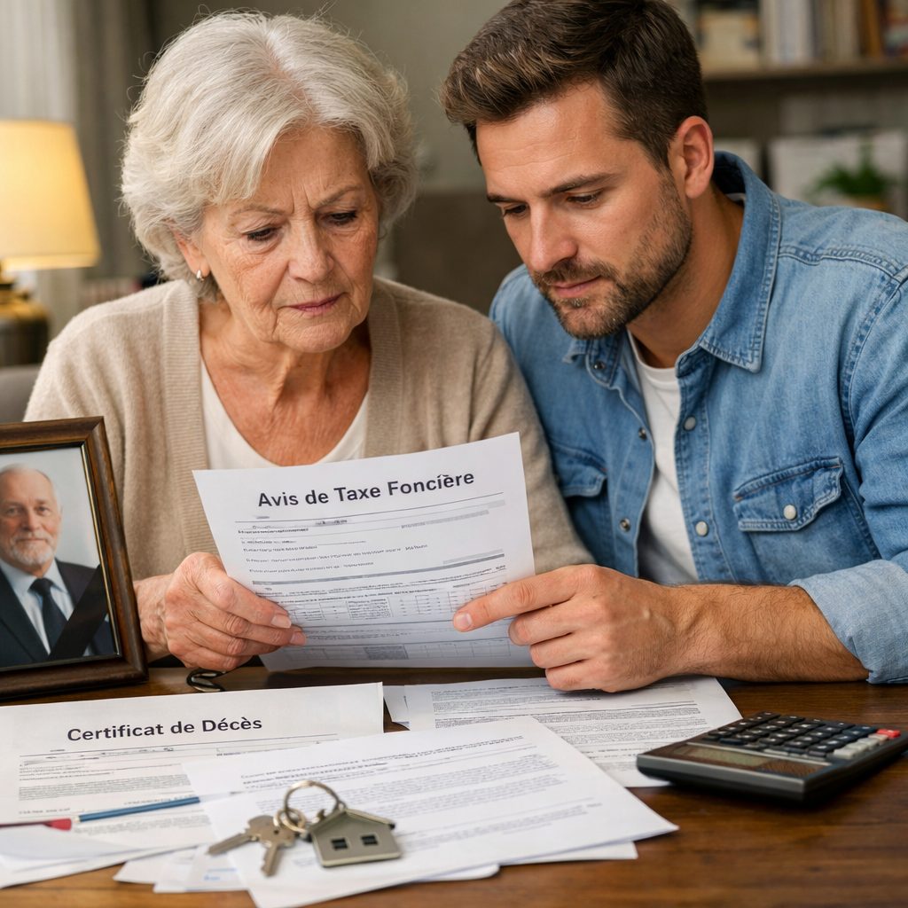 Famille consultant des documents de taxe foncière après un décès pour gérer le paiement dans le cadre d’une succession