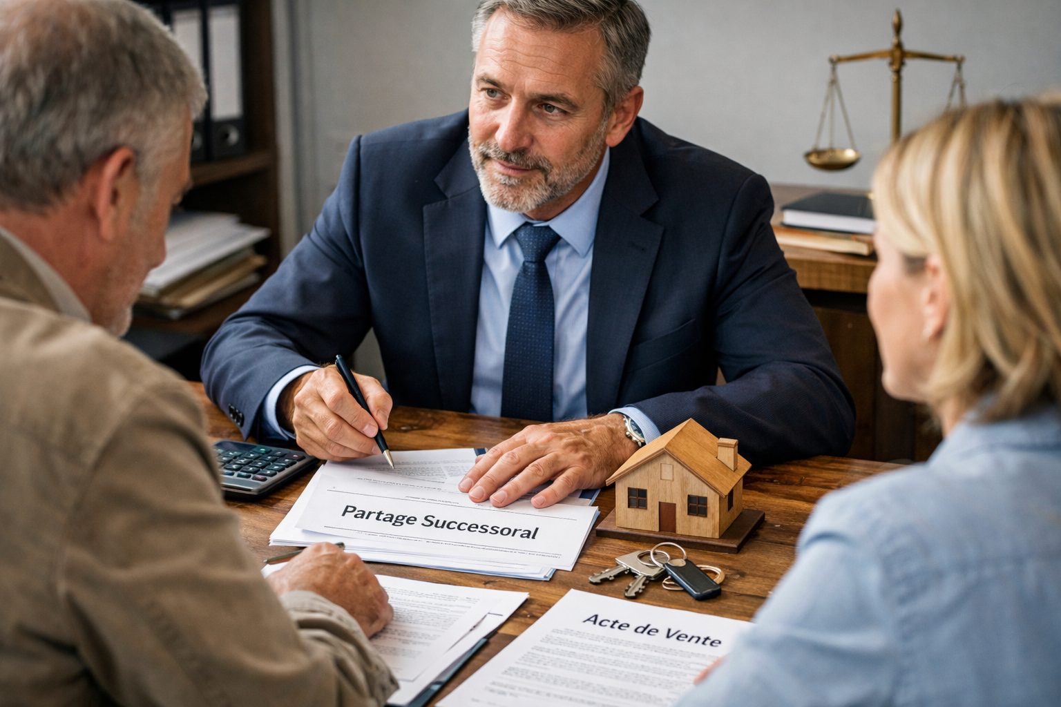 Expert en indivision successorale présentant des solutions de vente, rachat ou partage à des héritiers