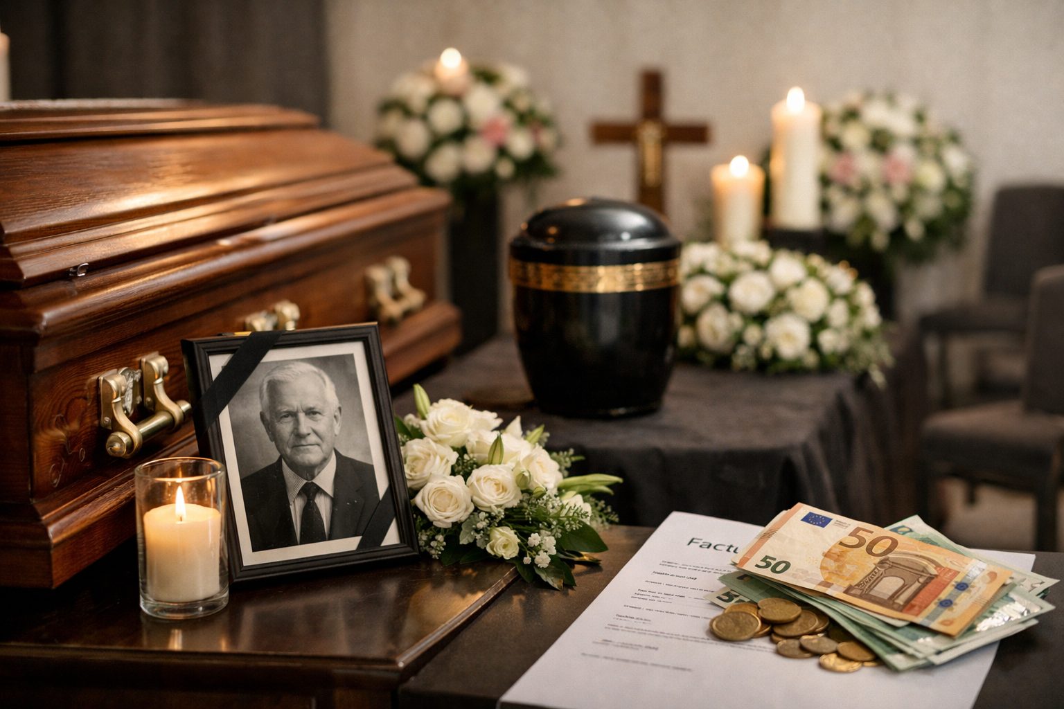 Chambre funéraire avec cercueil, fleurs, portrait du défunt et documents liés au coût des obsèques