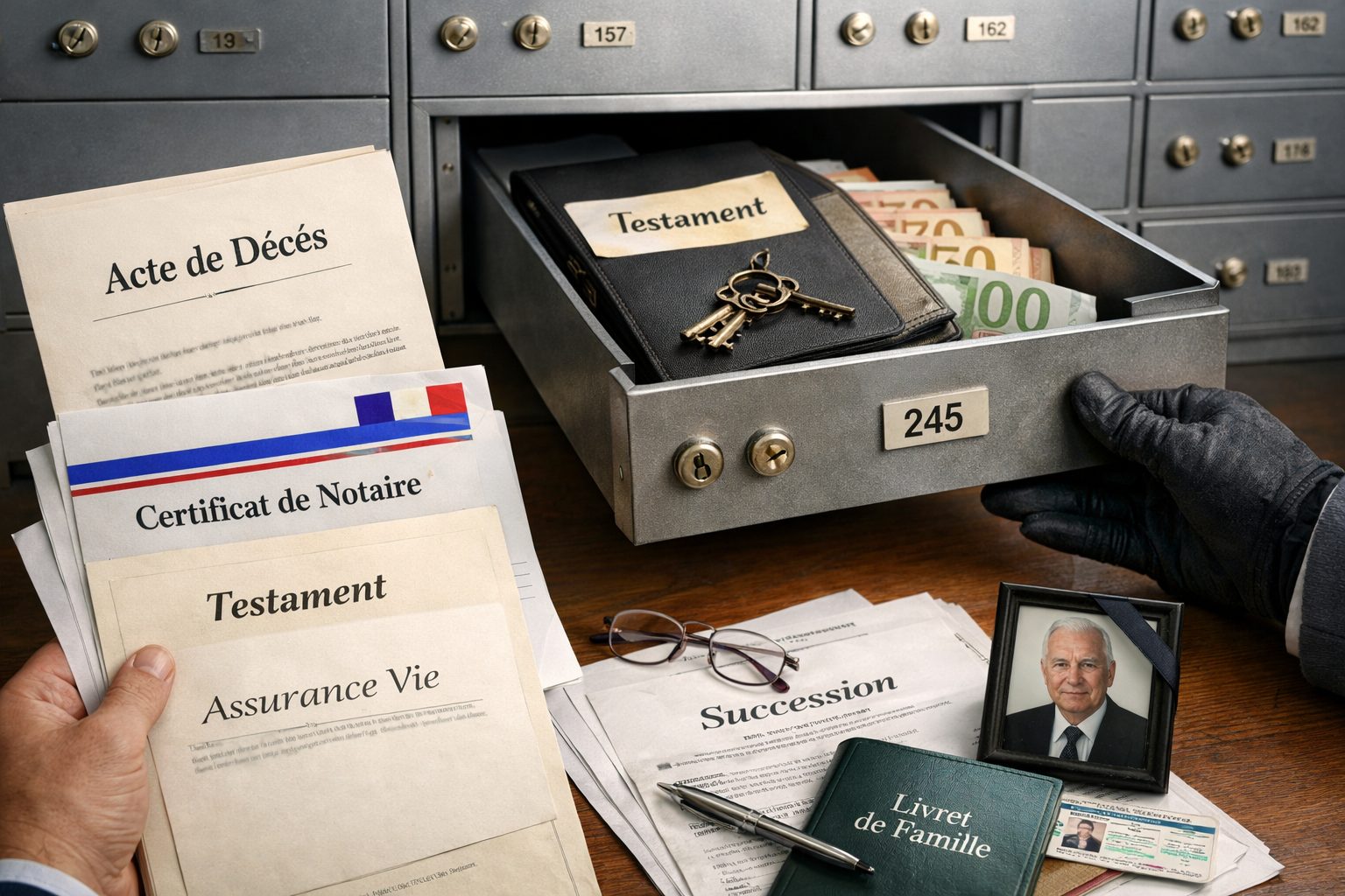 Accès à un coffre-fort bancaire après décès avec documents de succession, acte de décès, certificat de notaire et testament