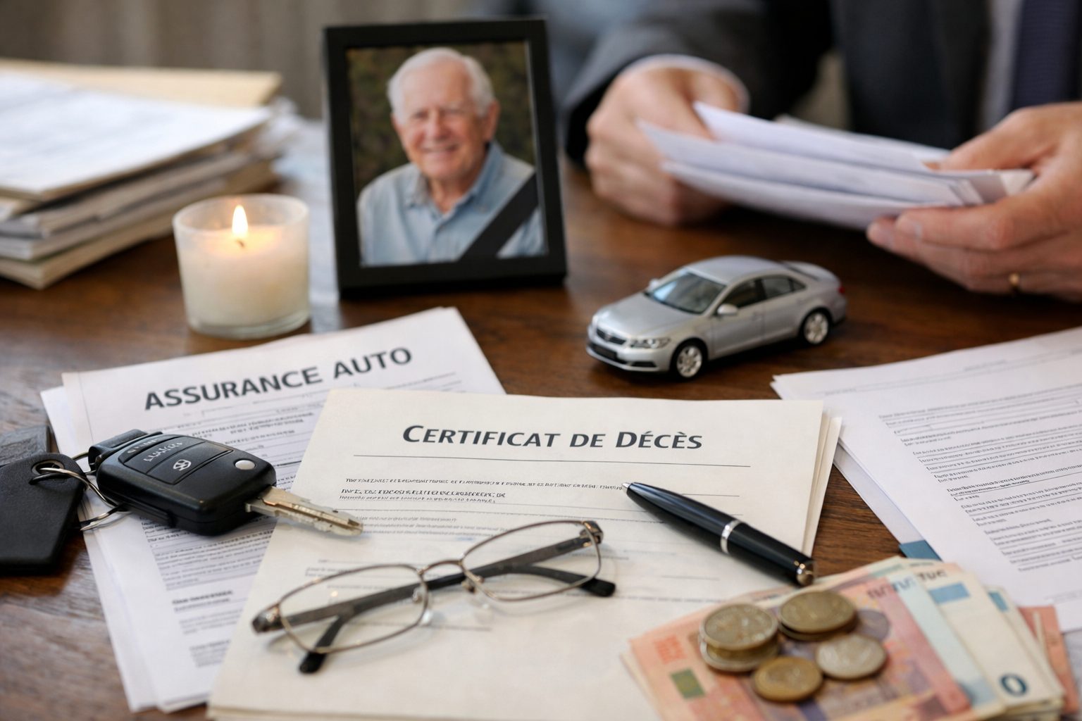 Documents d’assurance auto, certificat de décès et clés de voiture pour illustrer les démarches à effectuer pour le véhicule après un décès