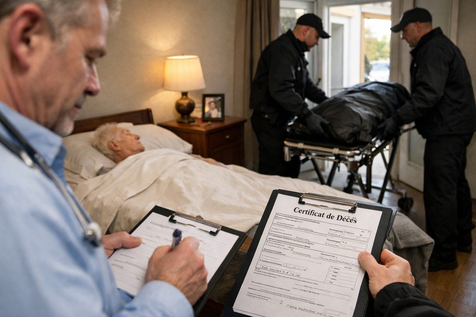 Médecin constatant un décès à domicile pendant la rédaction du certificat de décès avant le transport du corps par les pompes funèbres