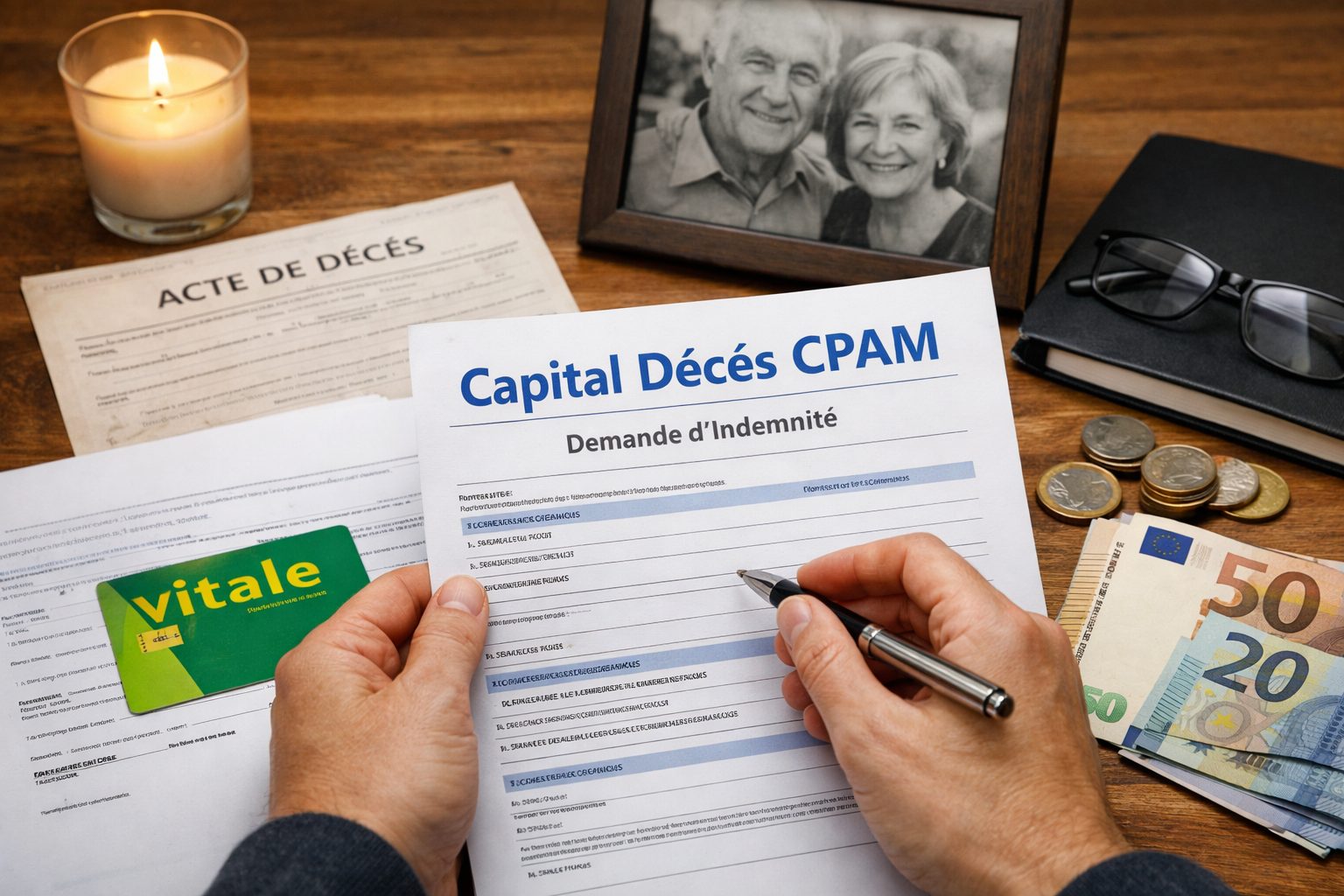 Demande de capital décès CPAM avec formulaire, carte Vitale, acte de décès et documents administratifs sur une table