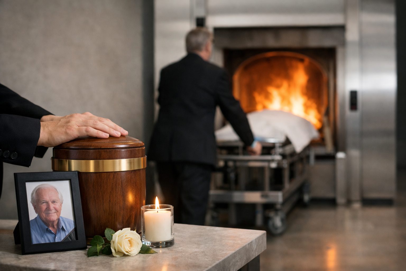 Urne funéraire, bougie et photo hommage au premier plan dans un crématorium lors d’une crémation