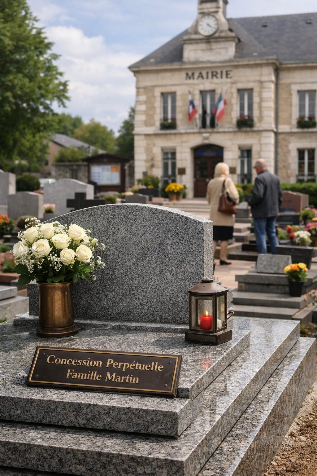 Concession funéraire dans un cimetière avec tombe en granit devant une mairie française