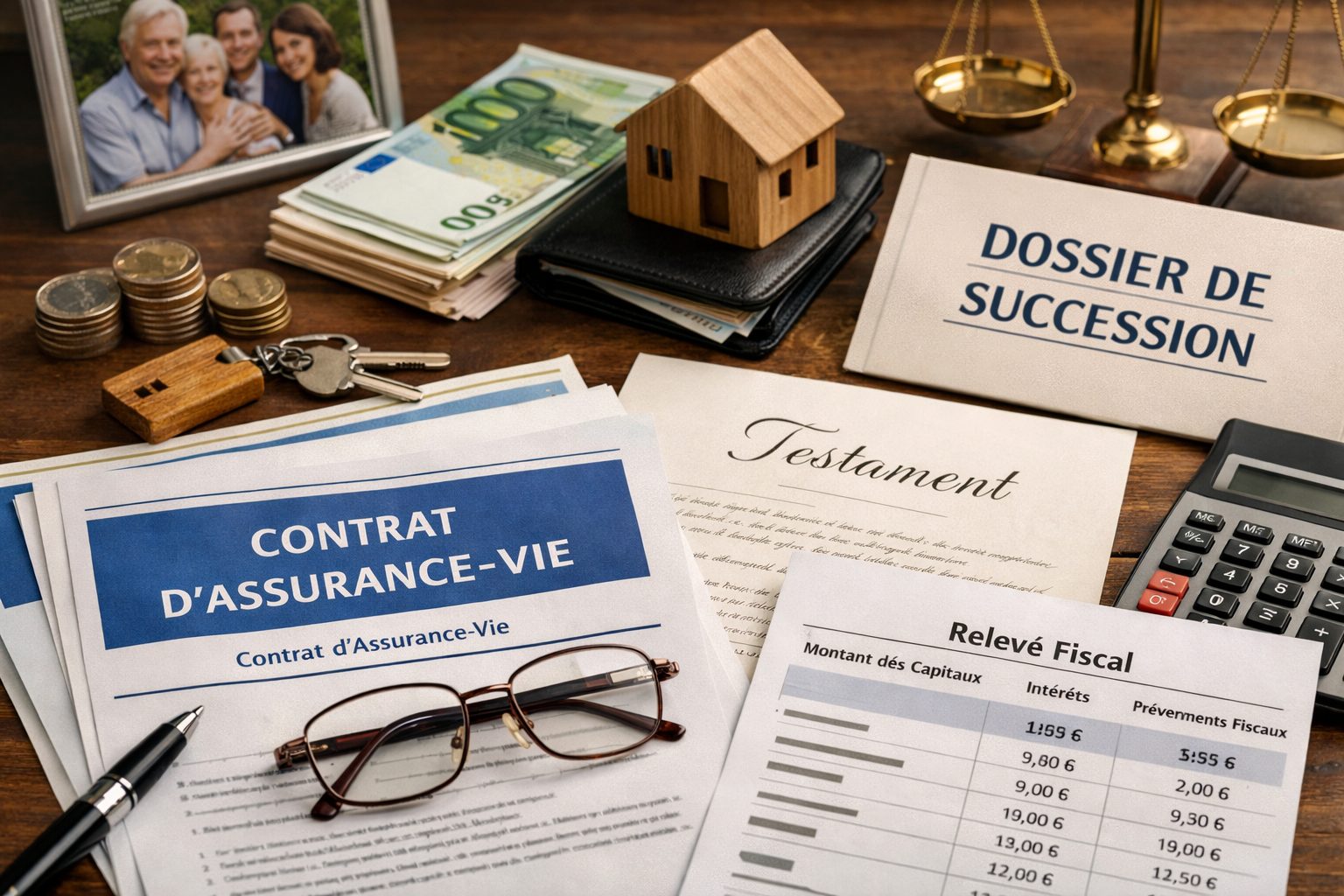 Documents d’assurance-vie, dossier de succession, testament et relevé fiscal sur un bureau illustrant la fiscalité de l’assurance-vie après décès