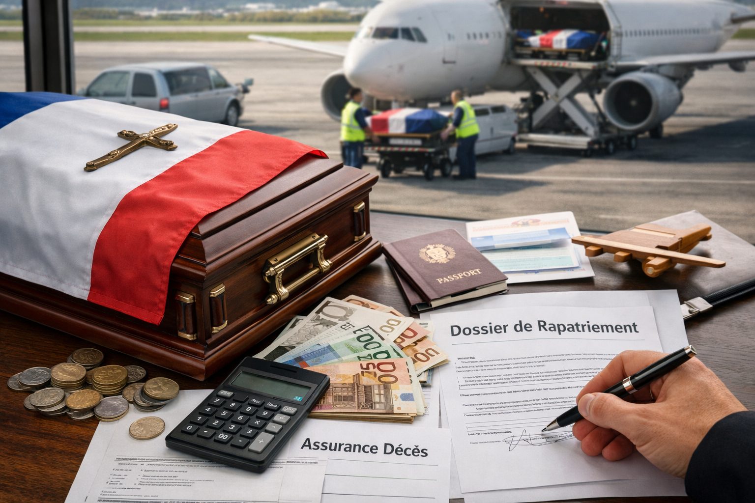 Cercueil lors d’un rapatriement de corps à l’aéroport avec documents d’assurance, passeport et calcul des frais funéraires