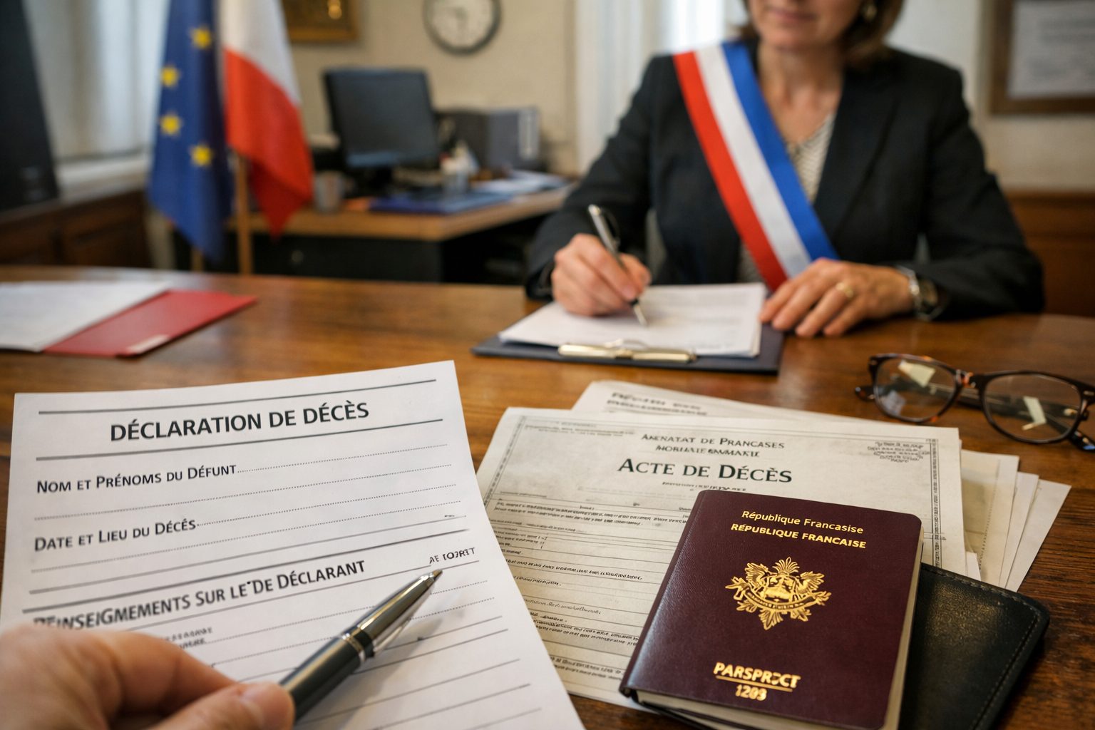 Déclaration de décès à la mairie en France avec documents administratifs et officier d’état civil