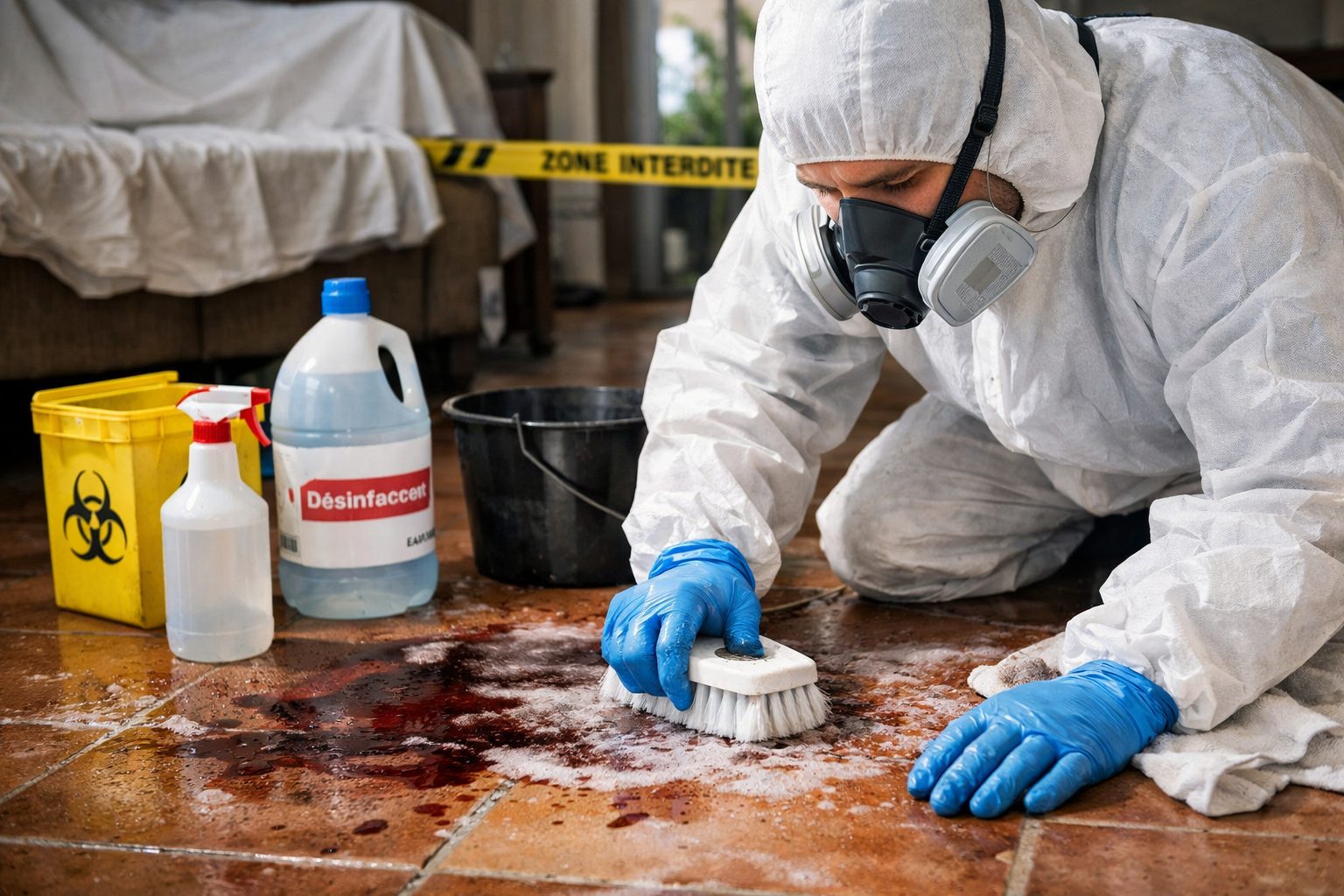 Professionnel en tenue de protection désinfectant un sol poreux après décès dans un logement