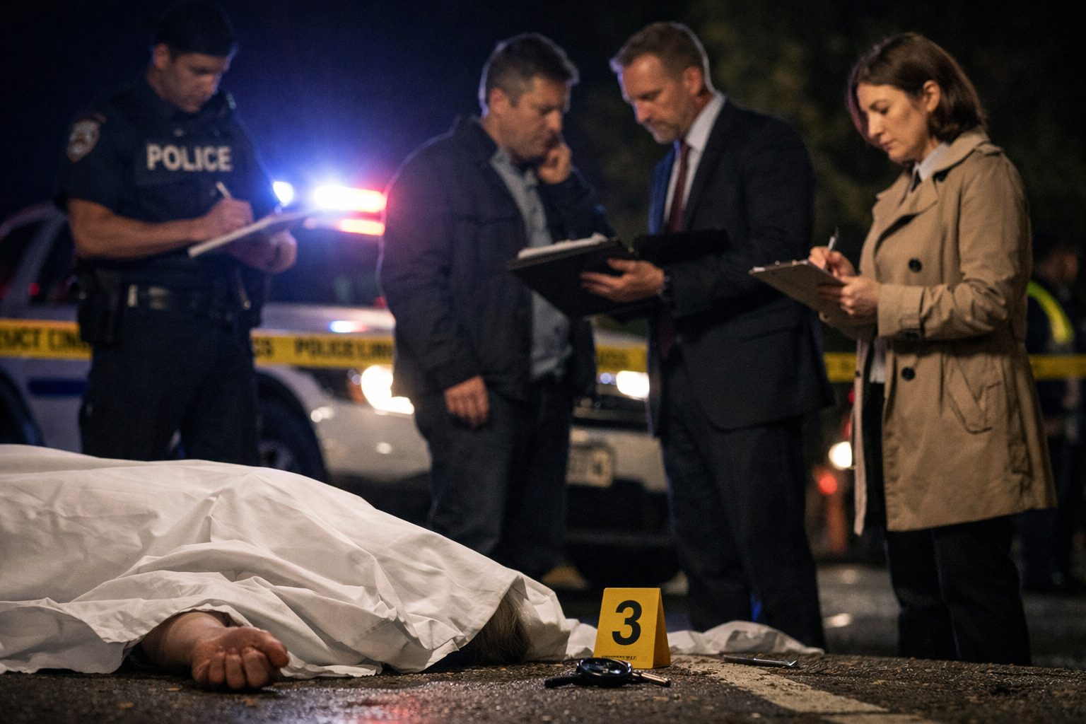 Scène réaliste illustrant un décès accidentel avec intervention de la police, démarches d’assurance et procédure judiciaire avec le parquet