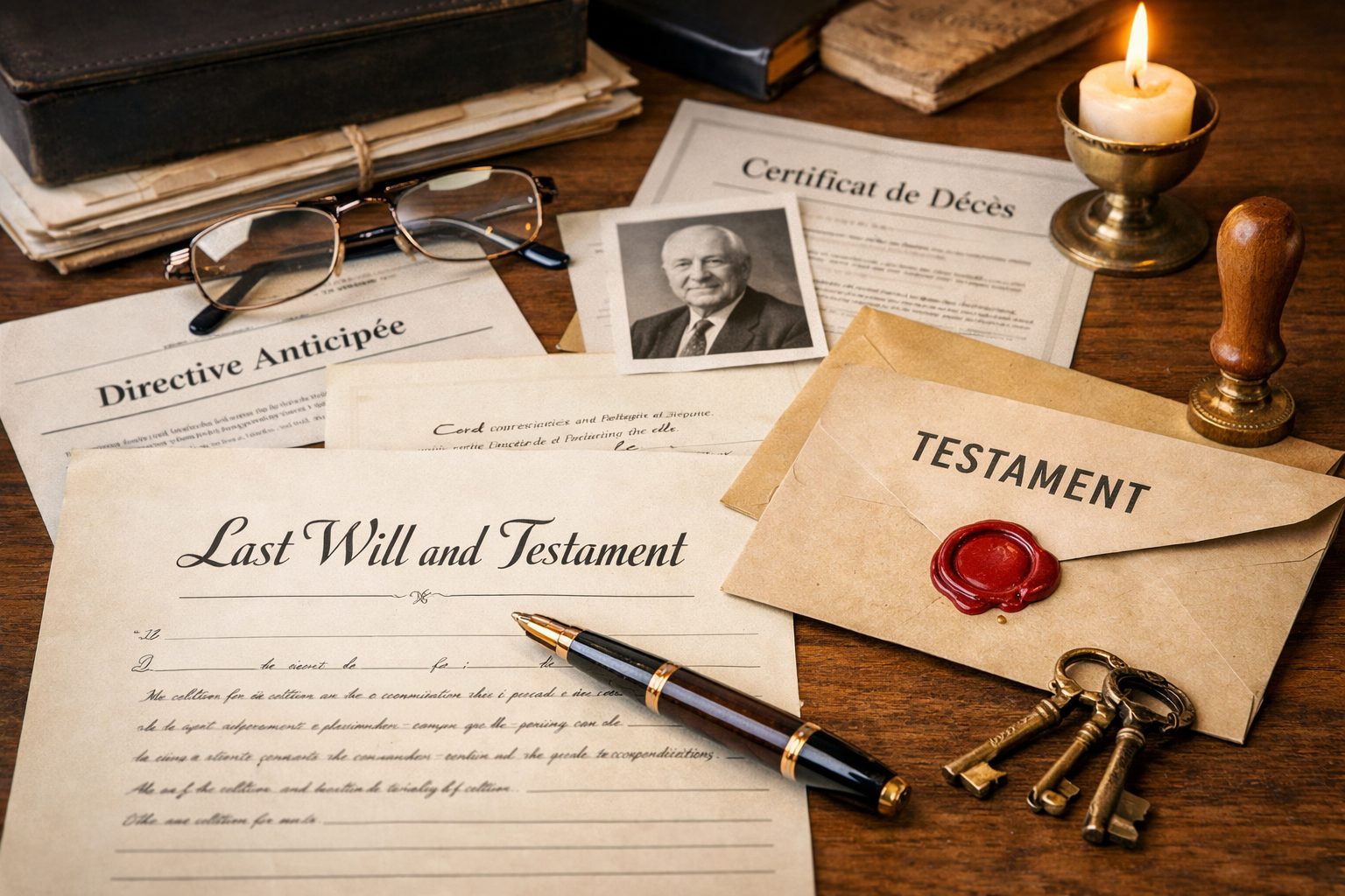 Documents liés à la volonté du défunt avec testament, directives anticipées, contrat obsèques, certificat de décès, clés anciennes et stylo sur un bureau en bois