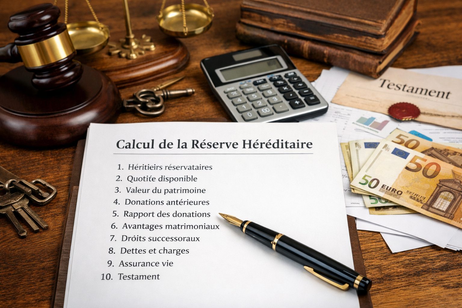Documents de succession, calculatrice, testament, clés et billets en euros pour illustrer les 10 points à vérifier afin de calculer simplement la réserve héréditaire