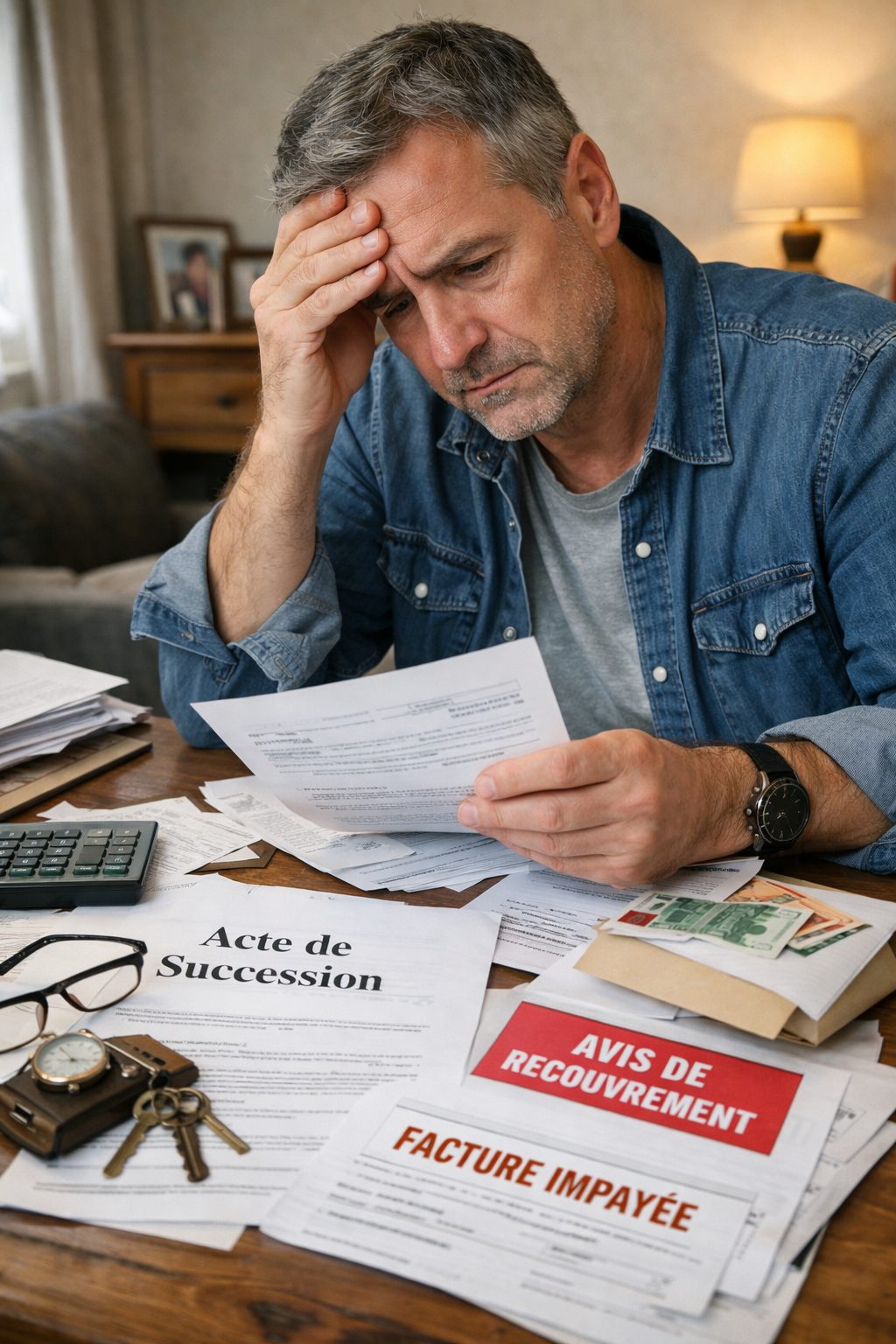 Héritier inquiet consultant des documents de succession et des factures impayées pour éviter les risques de dettes liés à l’acceptation pure et simple de la succession