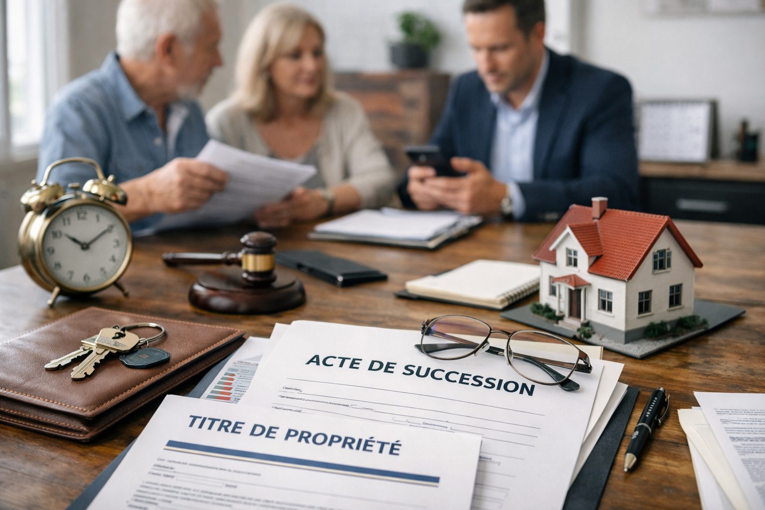 Vente d’un bien immobilier en succession avec documents notariés, clés, maison miniature et héritiers en discussion