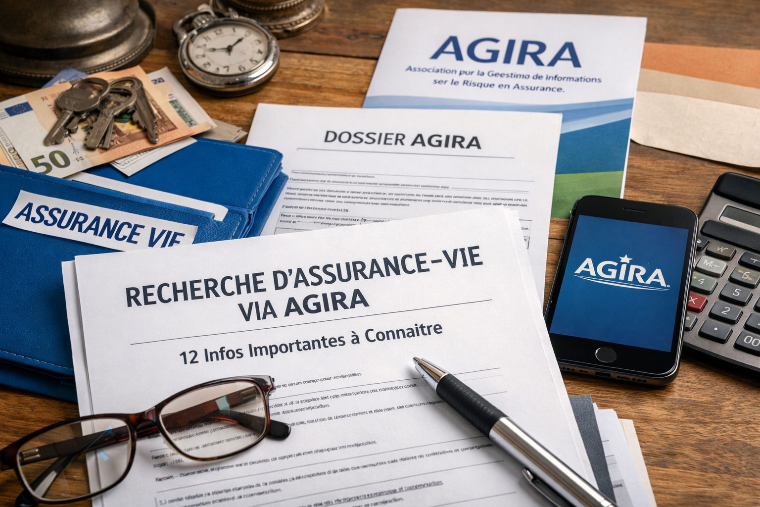 Documents liés à la recherche d’une assurance-vie via AGIRA avec dossier, formulaire, smartphone et calculatrice sur un bureau