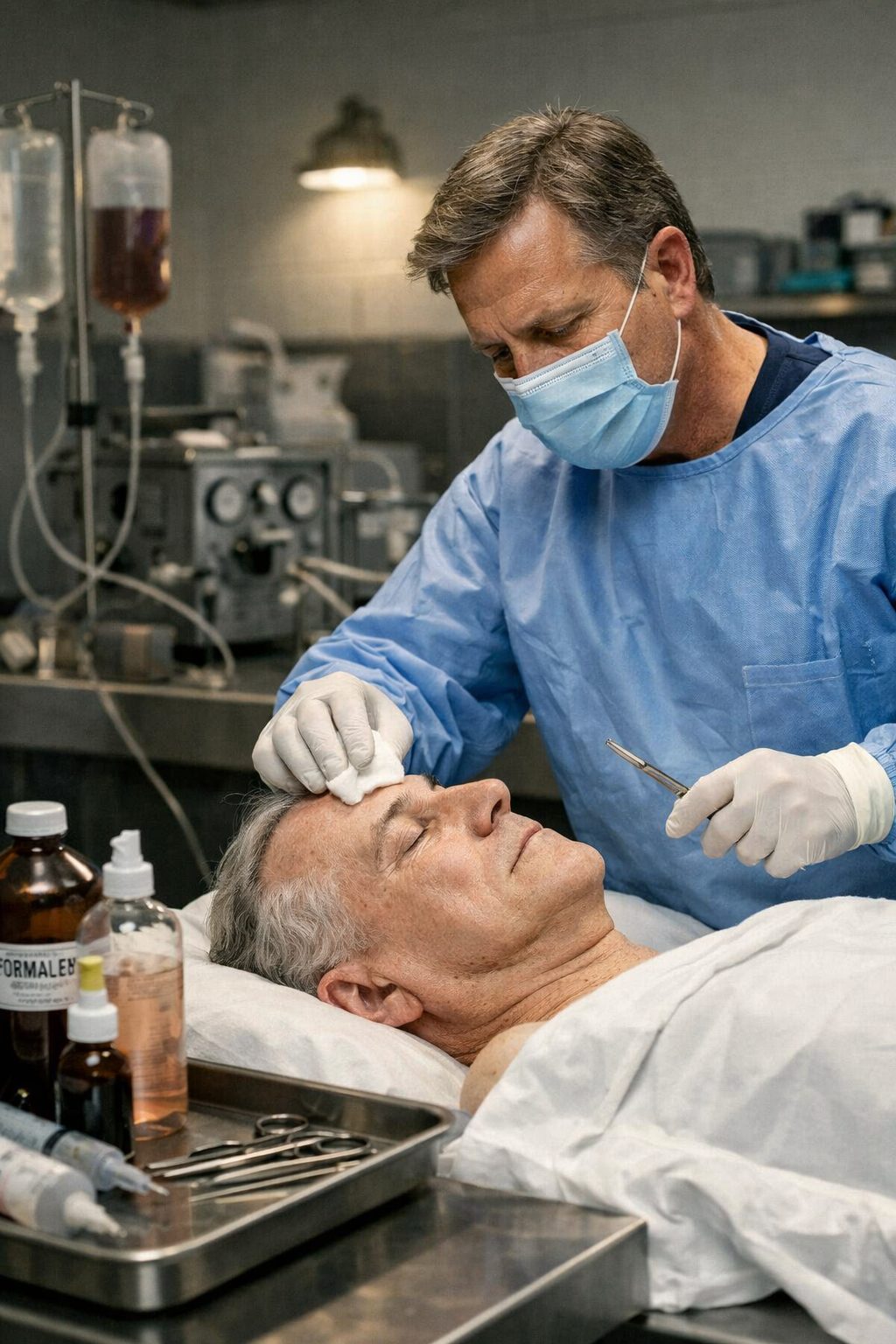 Thanatopracteur réalisant des soins de conservation sur un défunt en salle technique, illustration du coût et du caractère obligatoire de la thanatopraxie.