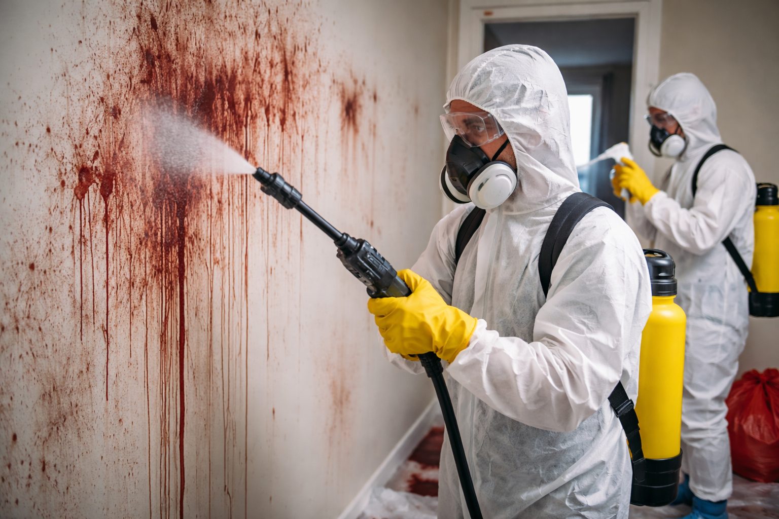 Équipe spécialisée en désinfection des murs après décès dans un logement avec équipements de protection