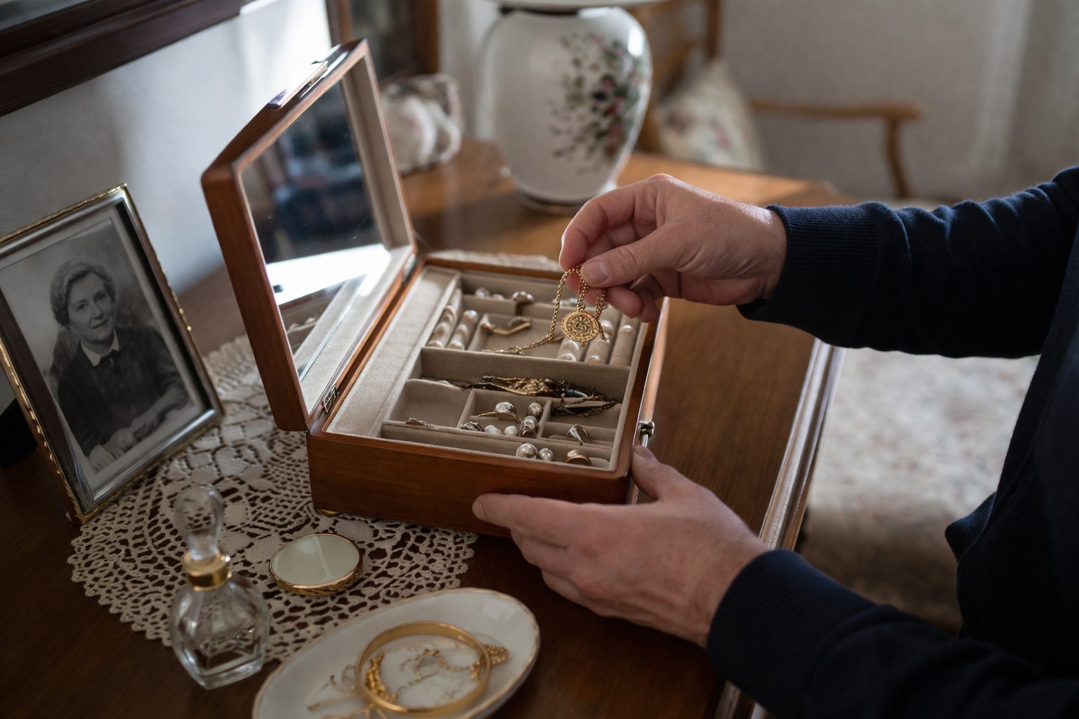 Personne triant avec précaution des bijoux dans un logement après un décès, avec écrin, documents et objets personnels sur une table