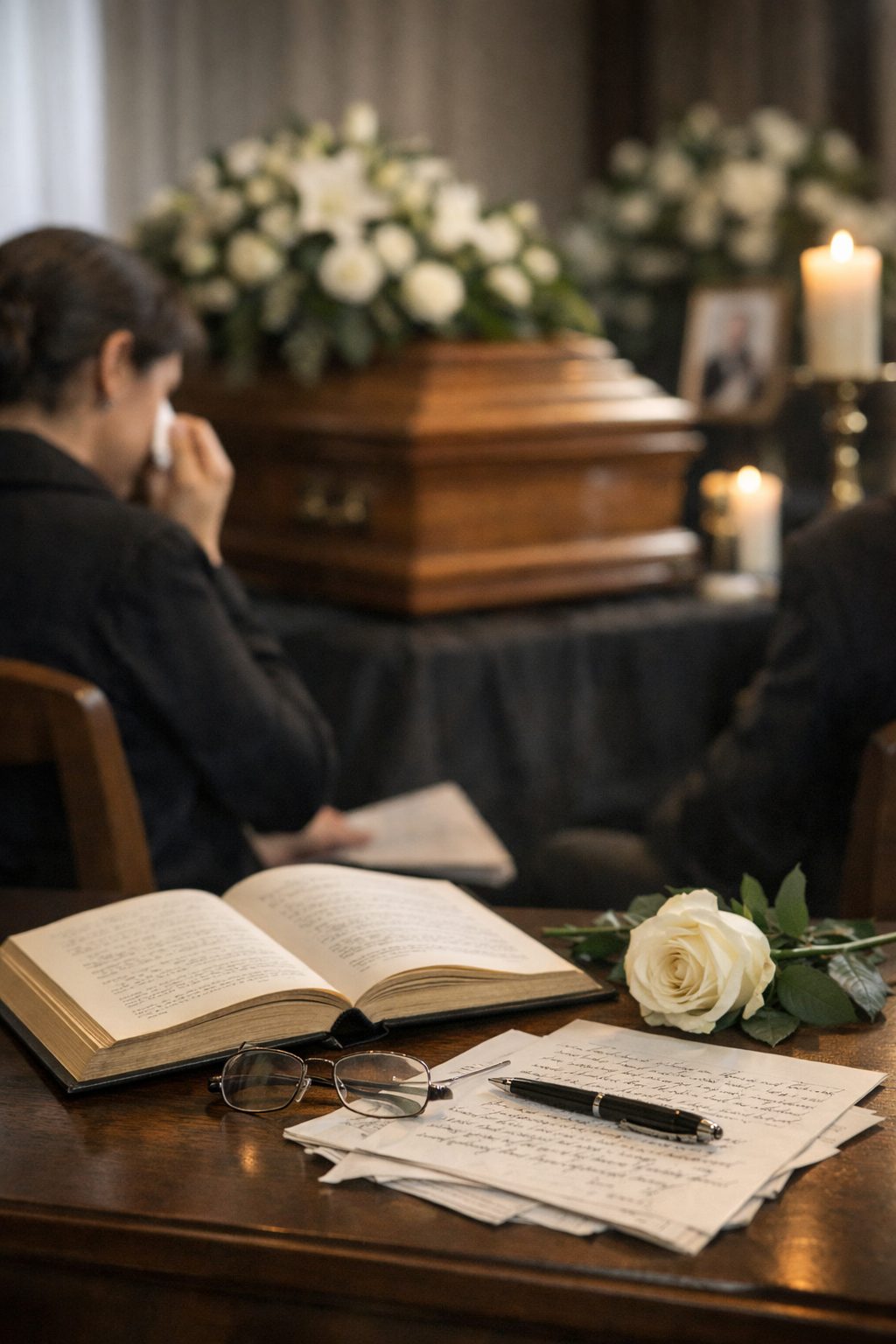 Table avec livre ouvert, lettres manuscrites et rose blanche devant une scène d’enterrement en intérieur