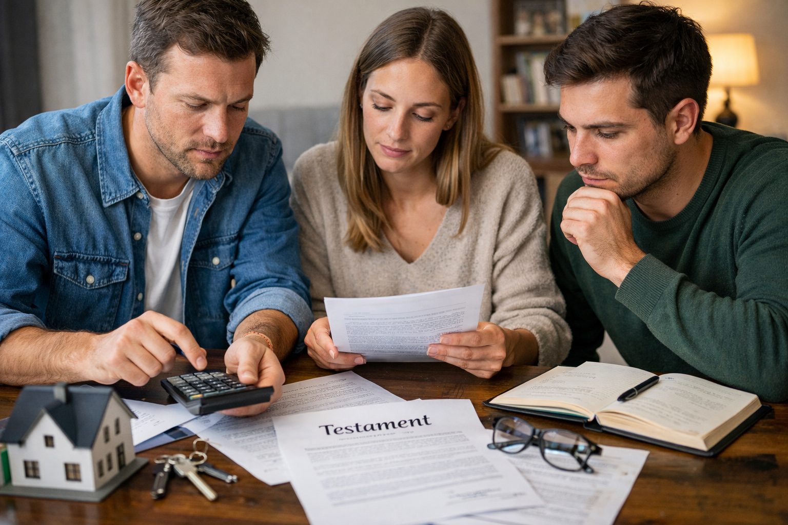 Trois frères et sœurs analysent des documents de succession avec une calculatrice autour d’une table