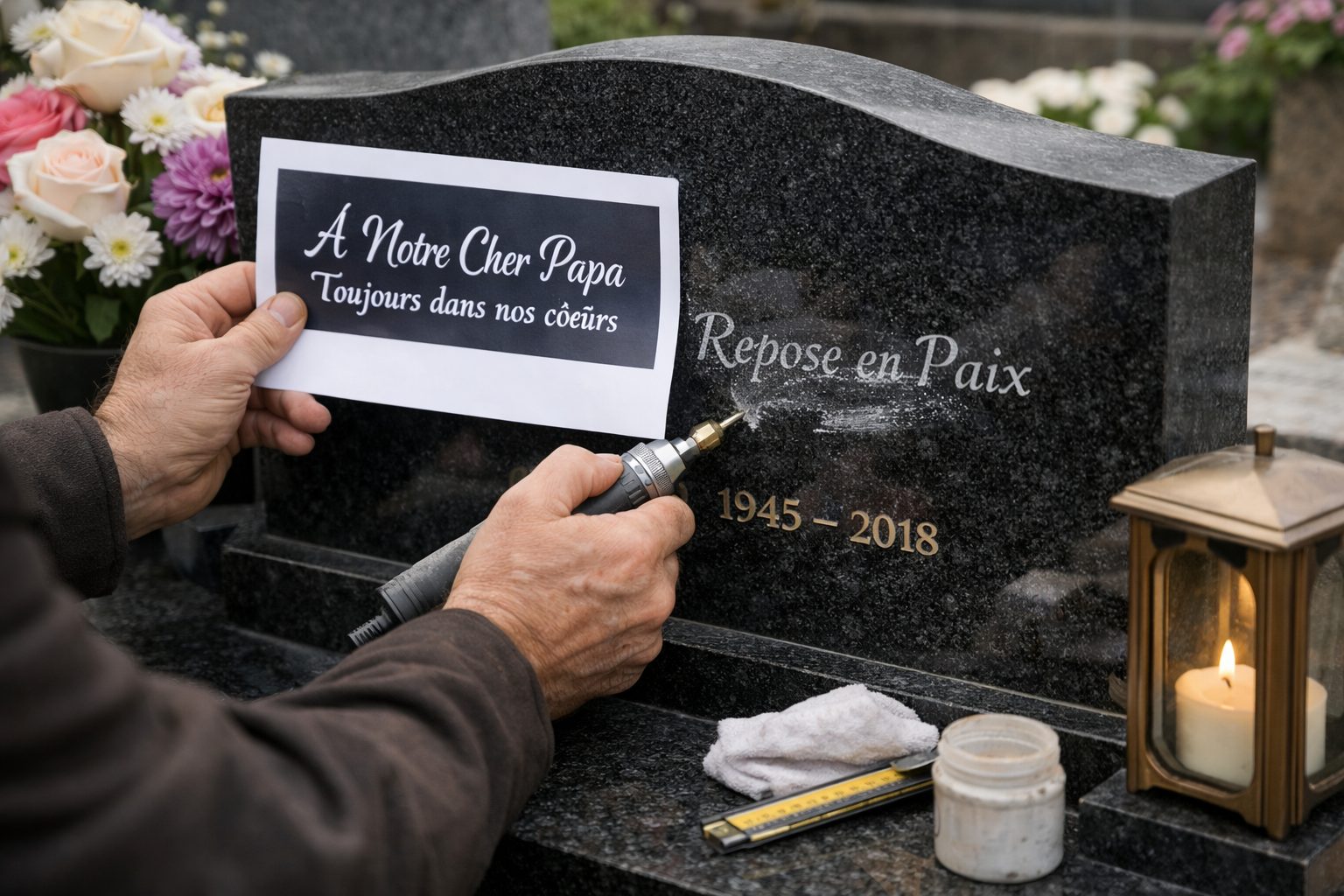 Modification d’une inscription funéraire sur un monument en granit noir dans un cimetière