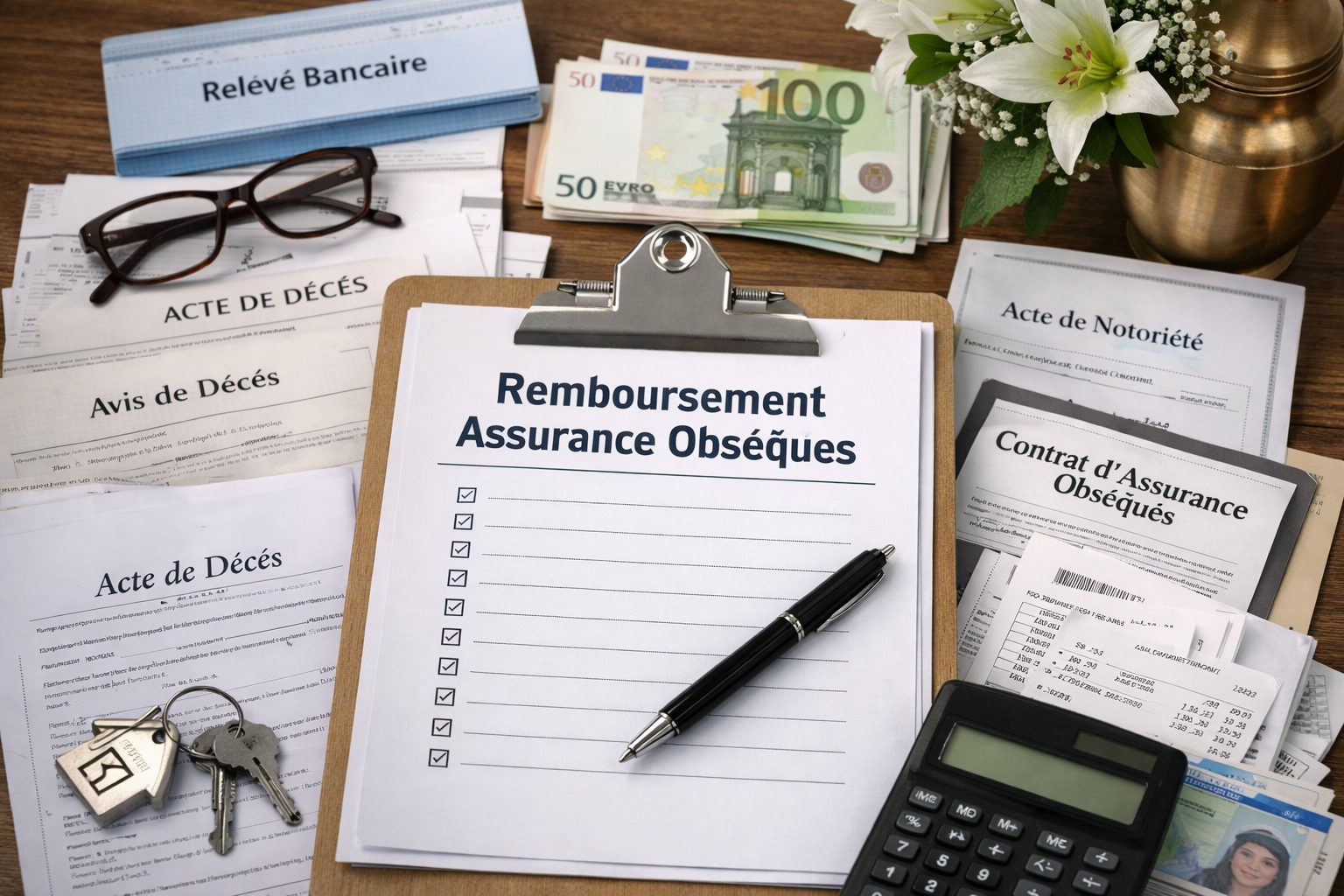 Documents nécessaires pour obtenir le remboursement d’une assurance obsèques avec contrat, acte de décès, facture, relevé bancaire et calculatrice