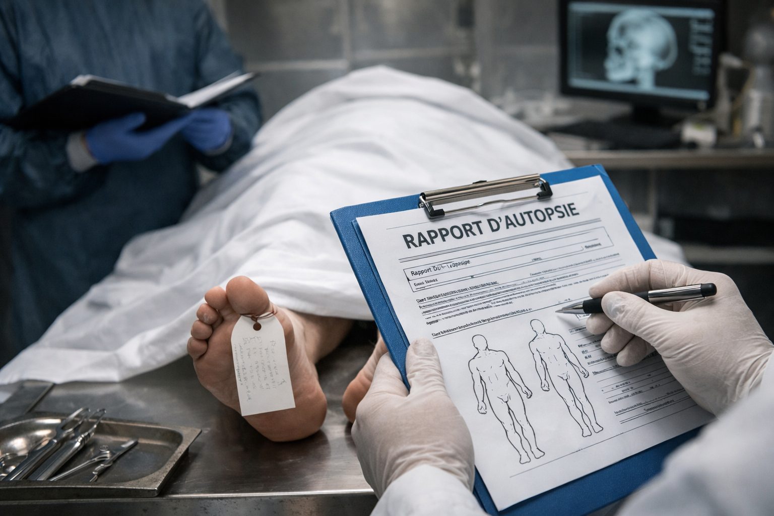Médecin légiste consultant un rapport d’autopsie dans une salle médico-légale pour illustrer la procédure d’obtention du document