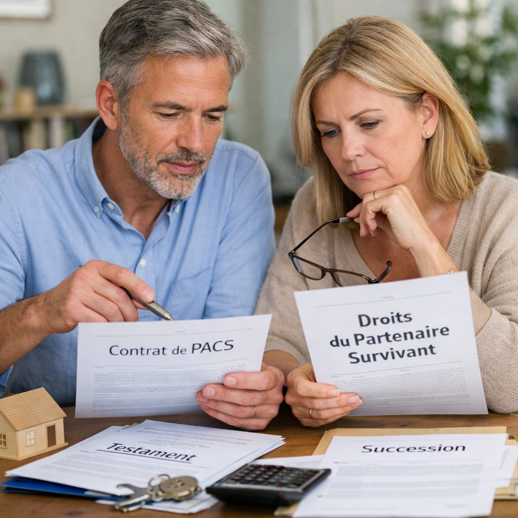 Couple consultant des documents sur les droits du partenaire survivant en cas de succession avec un PACS