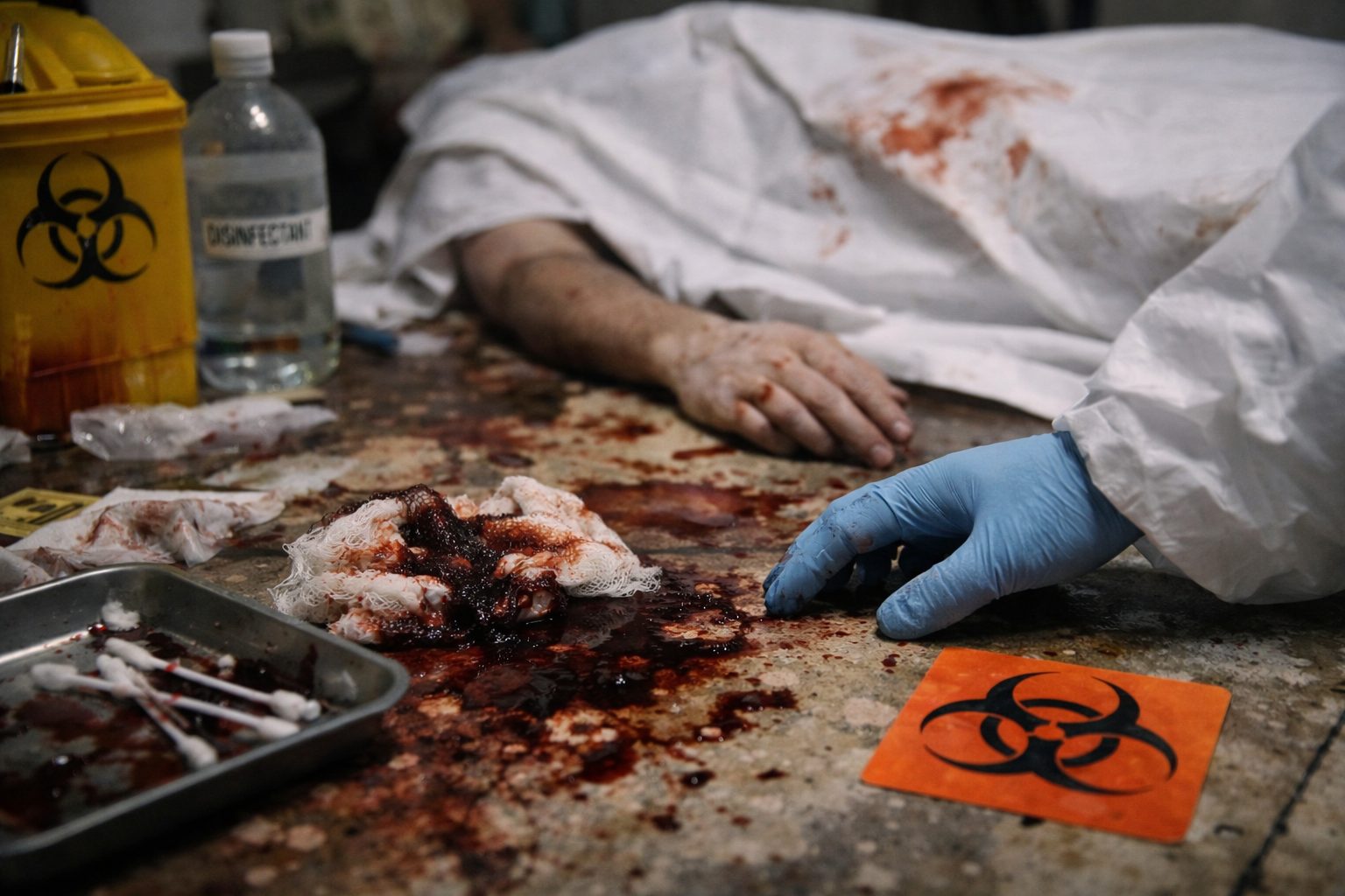 Intervenant équipé de gants et de protection manipulant une scène de contamination biologique après décès dans un cadre médicalisé
