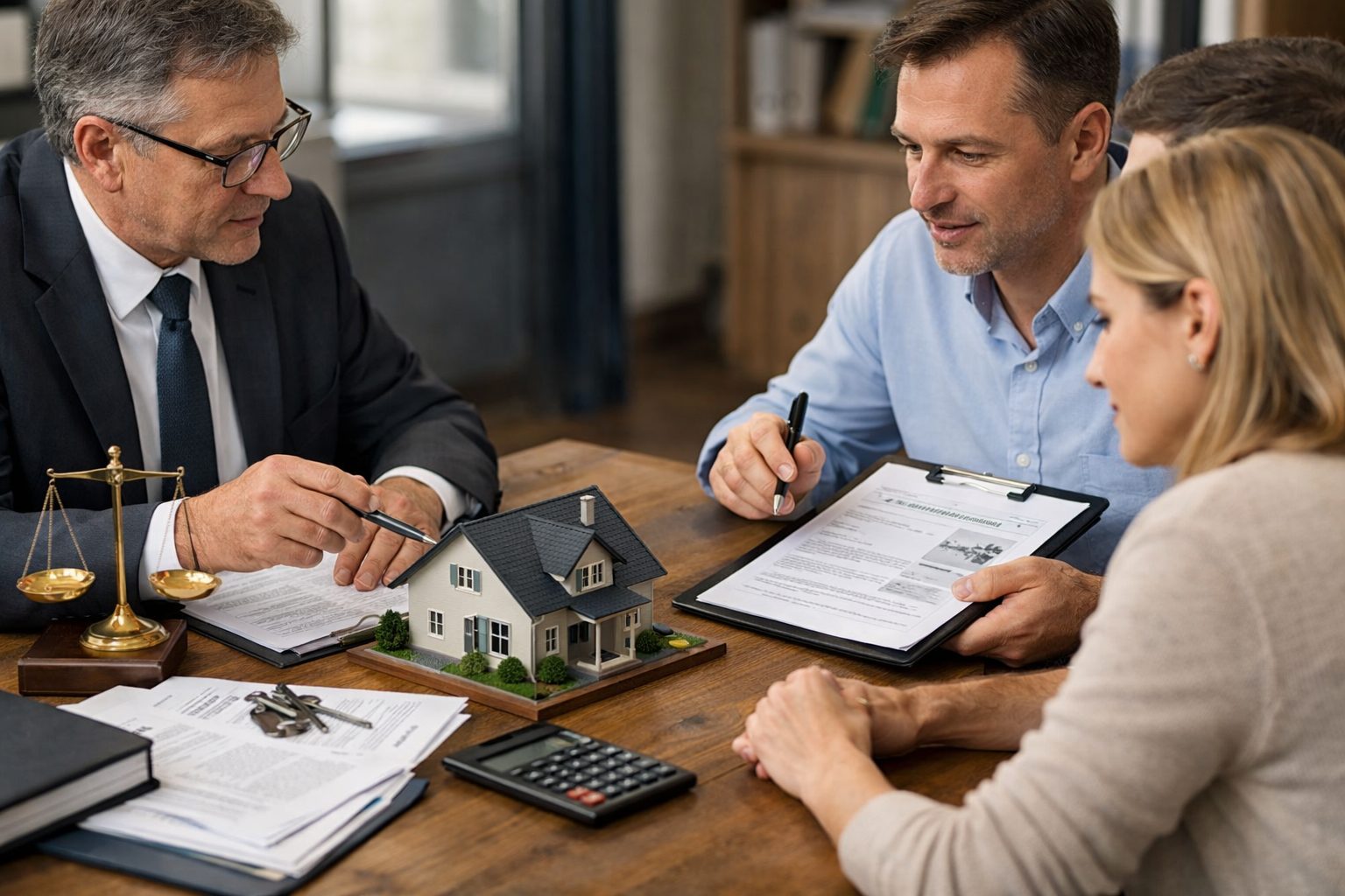 Notaire et expert immobilier évaluant la valeur d’une maison en succession avec des héritiers autour d’une table