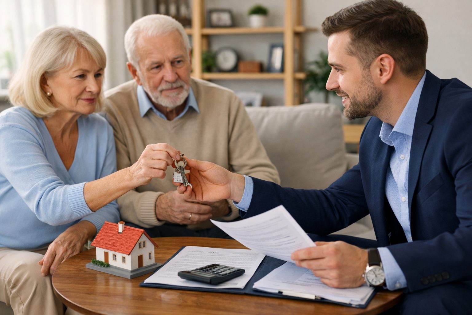 Couple senior avec un conseiller patrimonial pour payer des droits de succession avec un bien dans le cadre d’une dation