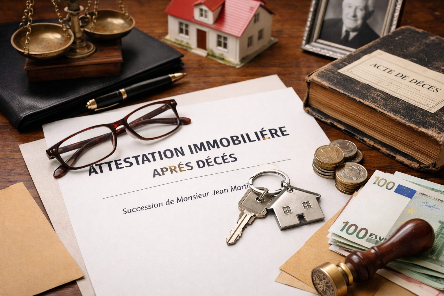 Document d’attestation immobilière après décès avec clés de maison, documents notariaux, argent et objets de succession sur un bureau en bois