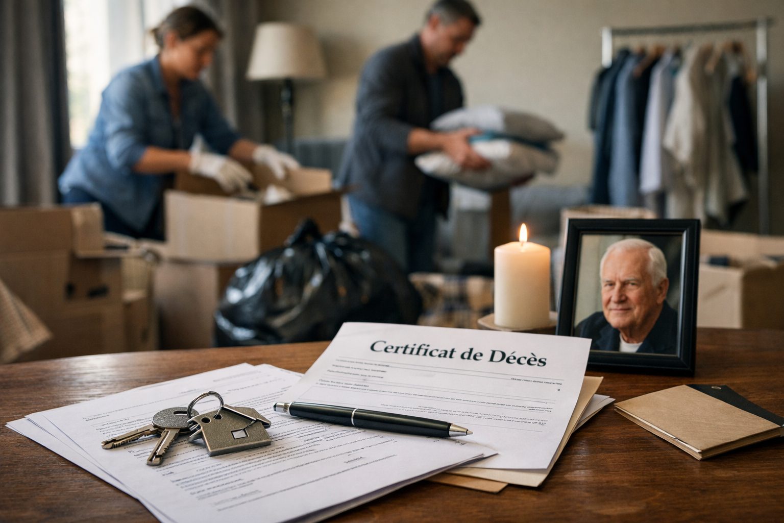 Locataire décédé : documents de résiliation du bail, clés du logement et proches en train de vider l’appartement