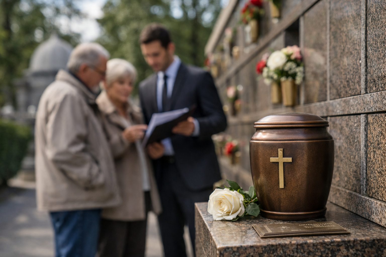 Urne funéraire devant un columbarium avec une famille en échange avec un conseiller sur l’obtention d’une case et la durée de concession
