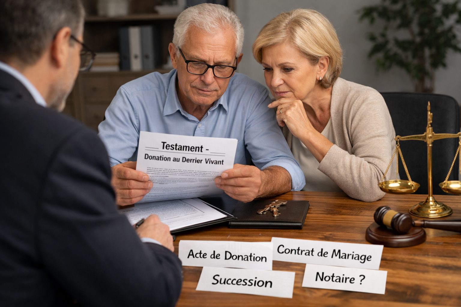Couple senior en rendez-vous chez un notaire pour vérifier l’existence d’une donation au dernier vivant