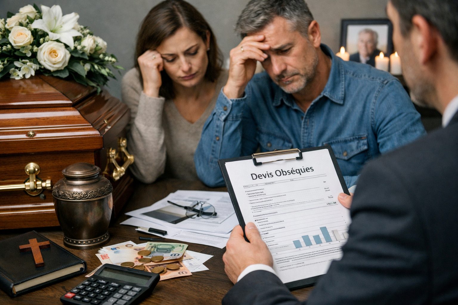 Couple en rendez-vous avec un conseiller funéraire pour comprendre quels frais d’obsèques sont obligatoires et lesquels sont optionnels
