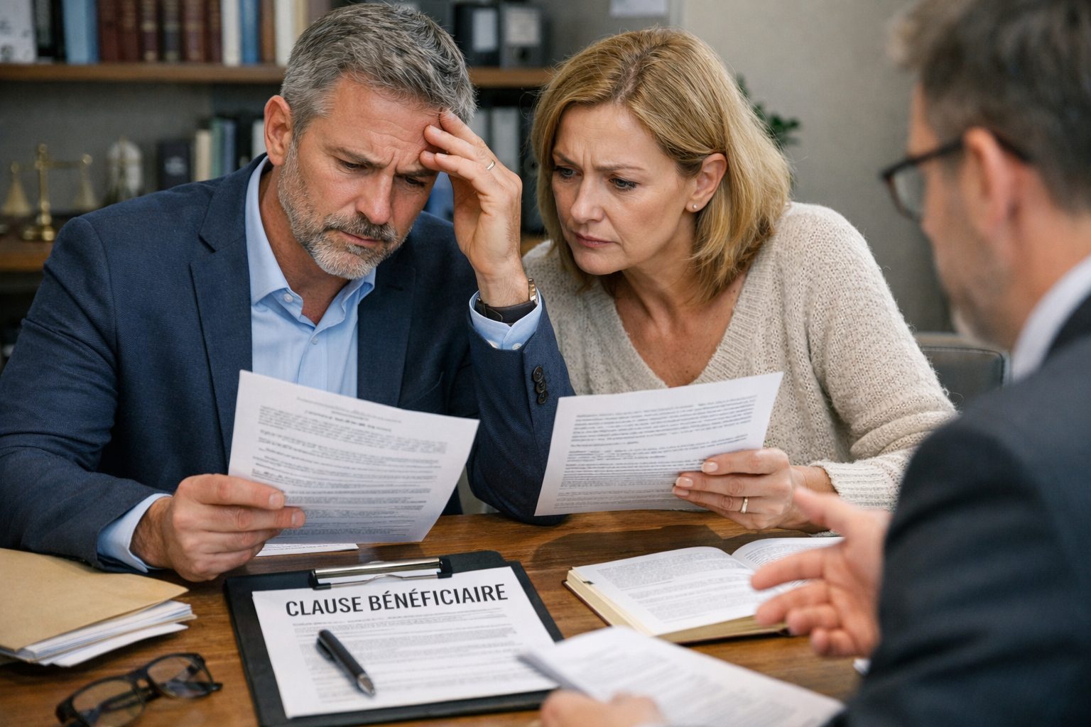 Couple avec avocat analysant des documents pour contester légalement une clause bénéficiaire