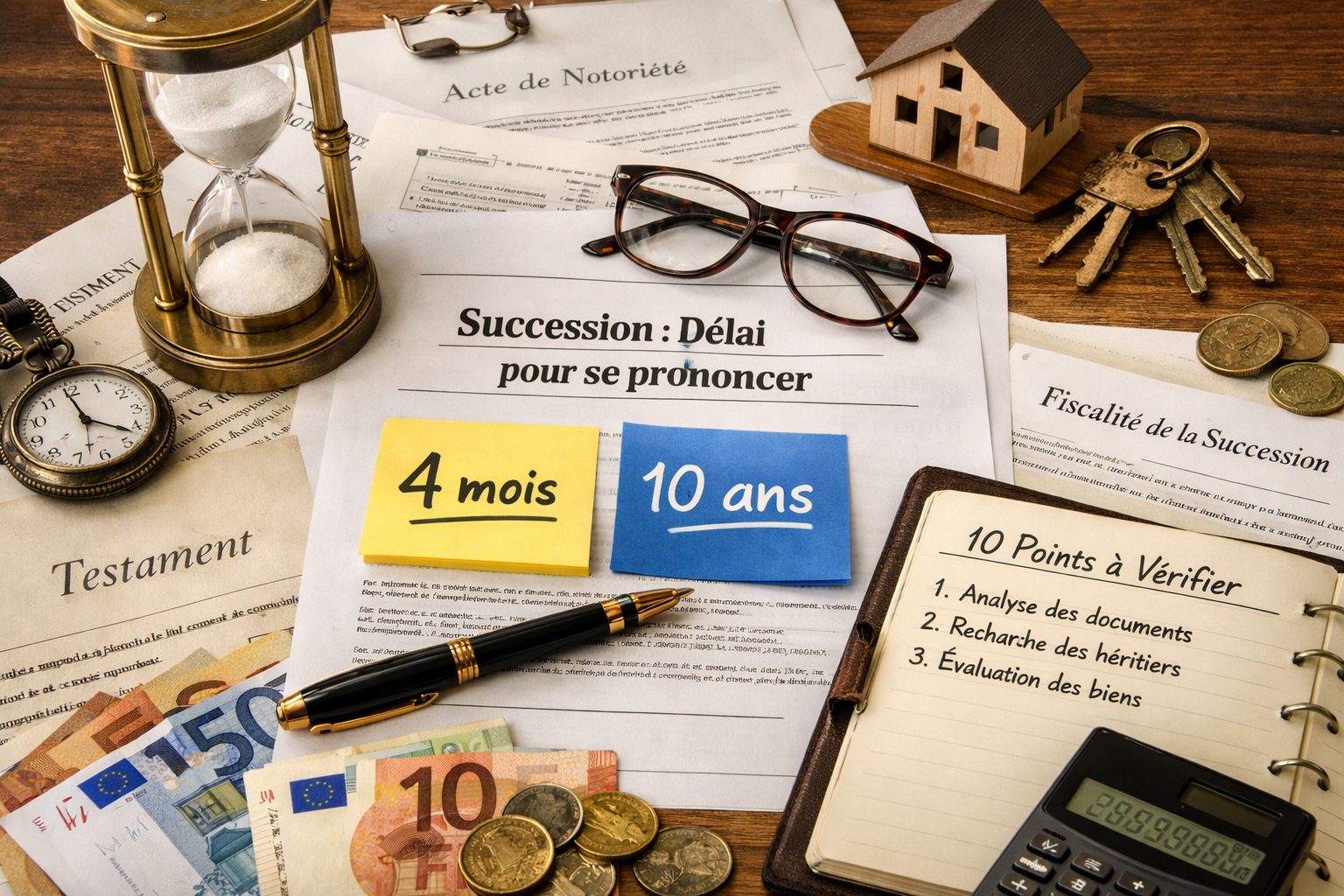Documents de succession avec les repères 4 mois et 10 ans, illustrant les délais pour se prononcer sur un héritage