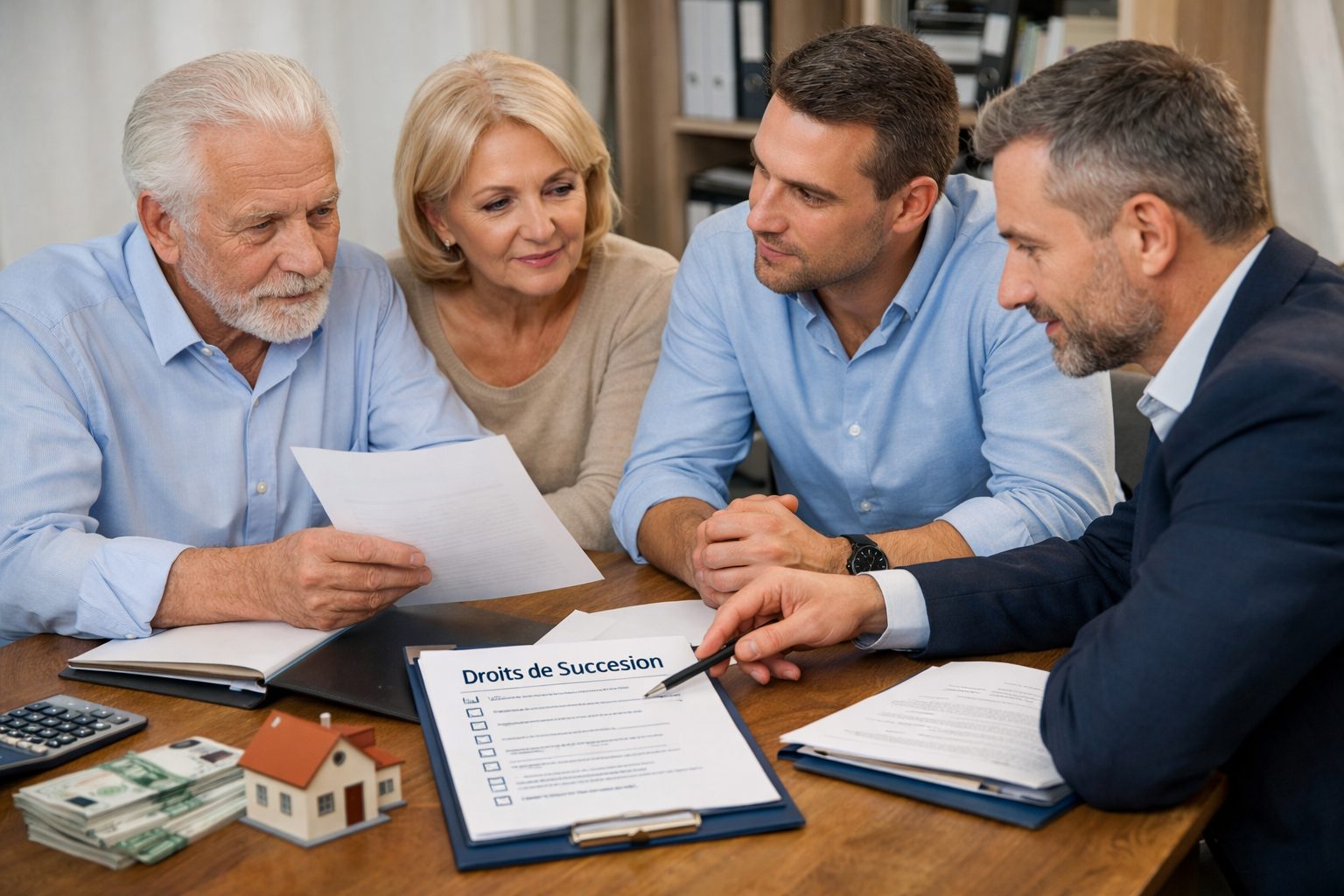 Réunion familiale avec conseiller autour des abattements sur les droits de succession entre parents et enfants