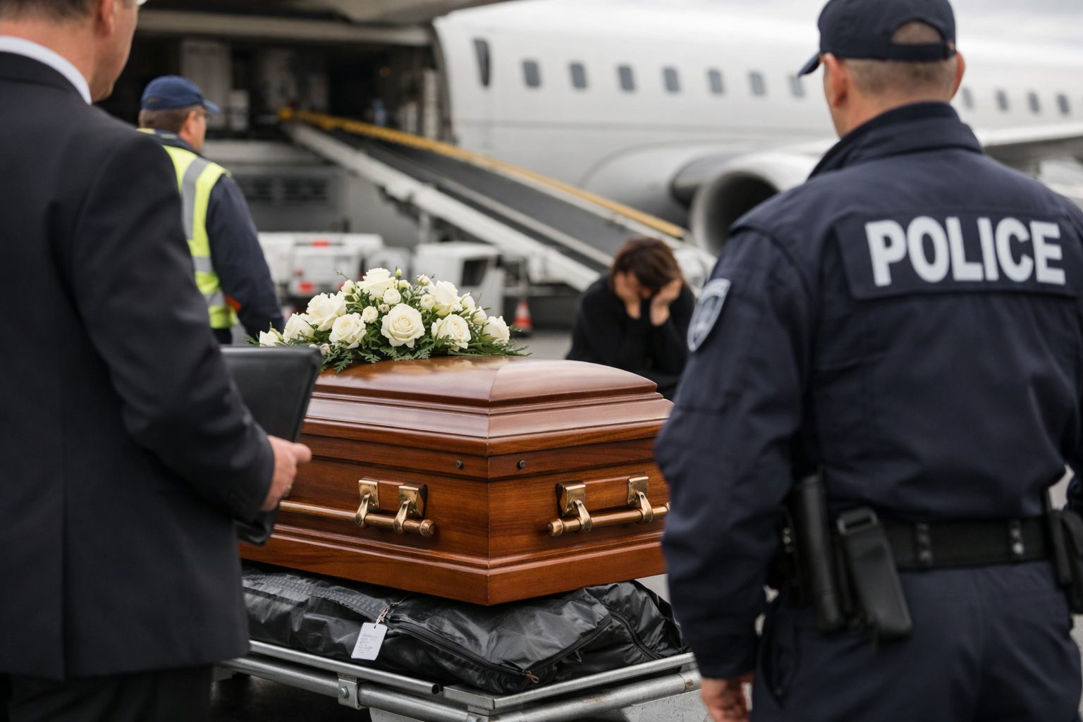 Rapatriement d’un corps depuis l’étranger à l’aéroport avec cercueil, personnel funéraire et autorités sur le tarmac