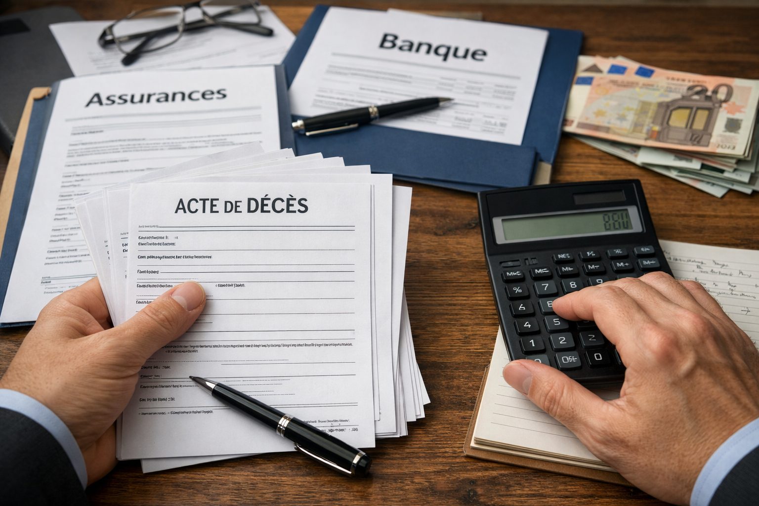 Plusieurs exemplaires d’un acte de décès posés sur un bureau avec des documents de banque et d’assurances