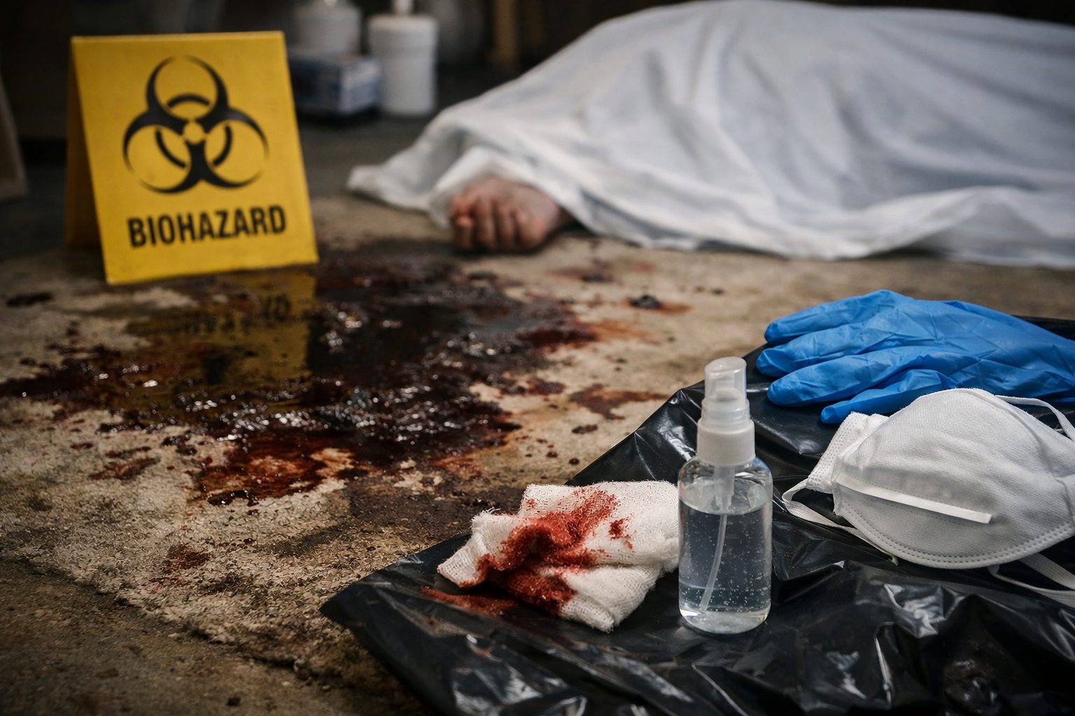 Illustration réaliste des dangers des fluides biologiques après décès dans un logement avec traces biologiques, équipements de protection et zone contaminée